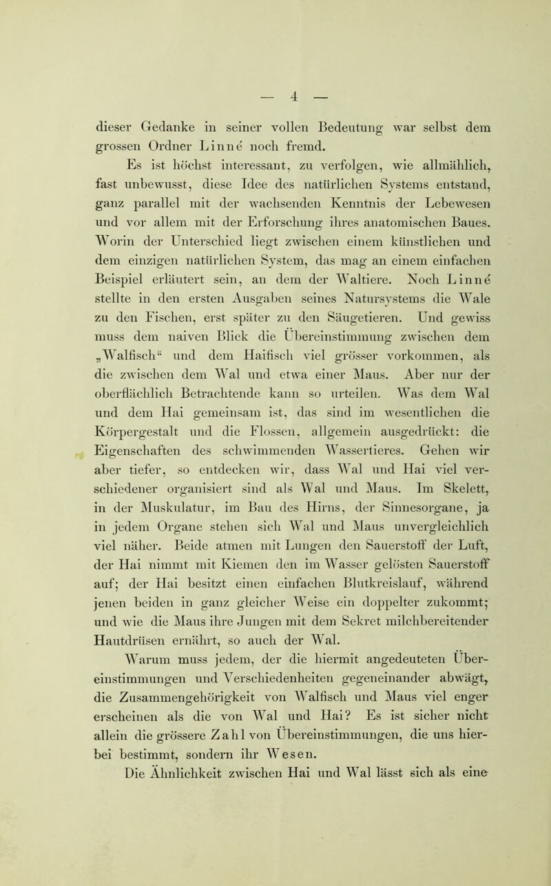 dieser Gedanke in seiner vollen Bedeutung war selbst dem grossen Ordner Linne noch fremd. Es ist höchst interessant, zu verfolgen, wie allmählich, fast unbewusst, diese Idee des natürlichen Systems entstand, ganz parallel mit der wachsenden Kenntnis der Lebewesen und vor allem mit der Erforschung ihres anatomischen Baues. Worin der Unterschied liegt zwischen einem künstlichen und dem einzigen natürlichen System, das mag an einem einfachen Beispiel erläutert sein, an dem der Waltiere. Noch Linne stellte in den ersten Ausgaben seines Natursystems die Wale zu den Fischen, erst später zu den Säugetieren. Und gewiss muss dem naiven Blick die Übereinstimmung zwischen dem „Walfisch“ und dem Haifisch viel grösser Vorkommen, als die zwischen dem Wal und etwa einer Maus. Aber nur der oberflächlich Betrachtende kann so urteilen. Was dem Wal und dem Hai gemeinsam ist, das sind im wesentlichen die Körpergestalt und die Flossen, allgemein ausgedrückt: die Eigenschaften des schwimmenden Wassertieres. Gehen wir aber tiefer, so entdecken wir, dass Wal und Hai viel ver- schiedener organisiert sind als Wal und Maus. Im Skelett, in der Muskulatur, im Bau des Hirns, der Sinnesorgane, ja in jedem Organe stehen sich Wal und Maus unvergleichlich viel näher. Beide atmen mit Lungen den Sauerstoff der Luft, der Hai nimmt mit Kiemen den im Wasser gelösten Sauerstoff auf; der Hai besitzt einen einfachen Blutkreislauf, während jenen beiden in ganz gleicher Weise ein doppelter zukommt; und wie die Maus ihre Jungen mit dem Sekret milchbereitender Hautdrüsen ernährt, so auch der Wal. Warum muss jedem, der die hiermit angedeuteten Über- einstimmungen und Verschiedenheiten gegeneinander ab wägt, die Zusammengehörigkeit von Walfisch und Maus viel enger erscheinen als die von Wal und Hai? Es ist sicher nicht allein die grössere Zahl von Übereinstimmungen, die uns hier- bei bestimmt, sondern ihr Wesen. Die Ähnlichkeit zwischen Hai und Wal lässt sich als eine