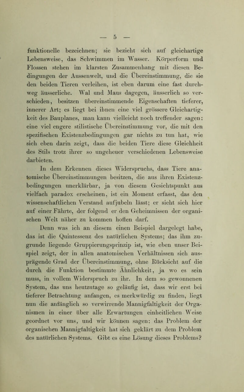 funktionelle bezeichnen; sie bezieht sich auf gleichartige Lebensweise, das Schwimmen im Wasser. Körperform und Flossen stehen im klarsten Zusammenhang mit diesen Be- dingungen der Aussenwelt, und die Übereinstimmung, die sie den beiden Tieren verleihen, ist eben darum eine fast durch- weg äusserliche. Wal und Maus dagegen, äusserlich so ver- schieden , besitzen übereinstimmende Eigenschaften tieferer, innerer Art; es liegt bei ihnen eine viel grössere Gleichartig- keit des Bauplanes, man kann vielleicht noch treffender sagen: eine viel engere stilistische Übereinstimmung vor, die mit den spezifischen Existenzbedingungen gar nichts zu tun hat, wie sich eben darin zeigt, dass die beiden Tiere diese Gleichheit des Stils trotz ihrer so ungeheuer verschiedenen Lebensweise darbieten. In dem Erkennen dieses Widerspruchs, dass Tiere ana- tomische Übereinstimmungen besitzen, die aus ihren Existenz- bedingungen unerklärbar, ja von diesem Gesichtspunkt aus vielfach paradox erscheinen, ist ein Moment erfasst, das den wissenschaftlichen Verstand auf jubeln lässt; er sieht sich hier auf einer Fährte, der folgend er den Geheimnissen der organi- schen Welt näher zu kommen hoffen darf. Denn was ich an diesem einen Beispiel dargelegt habe, das ist die Quintessenz des natürlichen Systems; das ihm zu- grunde liegende Gruppierungsprinzip ist, wie eben unser Bei- spiel zeigt, der in allen anatomischen Verhältnissen sich aus- prägende Grad der Übereinstimmung, ohne Rücksicht auf die durch die Funktion bestimmte Ähnlichkeit, ja wo es sein muss, in vollem Widerspruch zu ihr. In dem so gewonnenen System, das uns heutzutage so geläufig ist, dass wir erst bei tieferer Betrachtung anfangen, es merkwürdig zu finden, liegt nun die anfänglich so verwirrende Mannigfaltigkeit der Orga- nismen in einer über alle Erwartungen einheitlichen Weise geordnet vor uns, und wir können sagen: das Problem der organischen Mannigfaltigkeit hat sich geklärt zu dem Problem des natürlichen Systems. Gibt es eine Lösung dieses Problems?