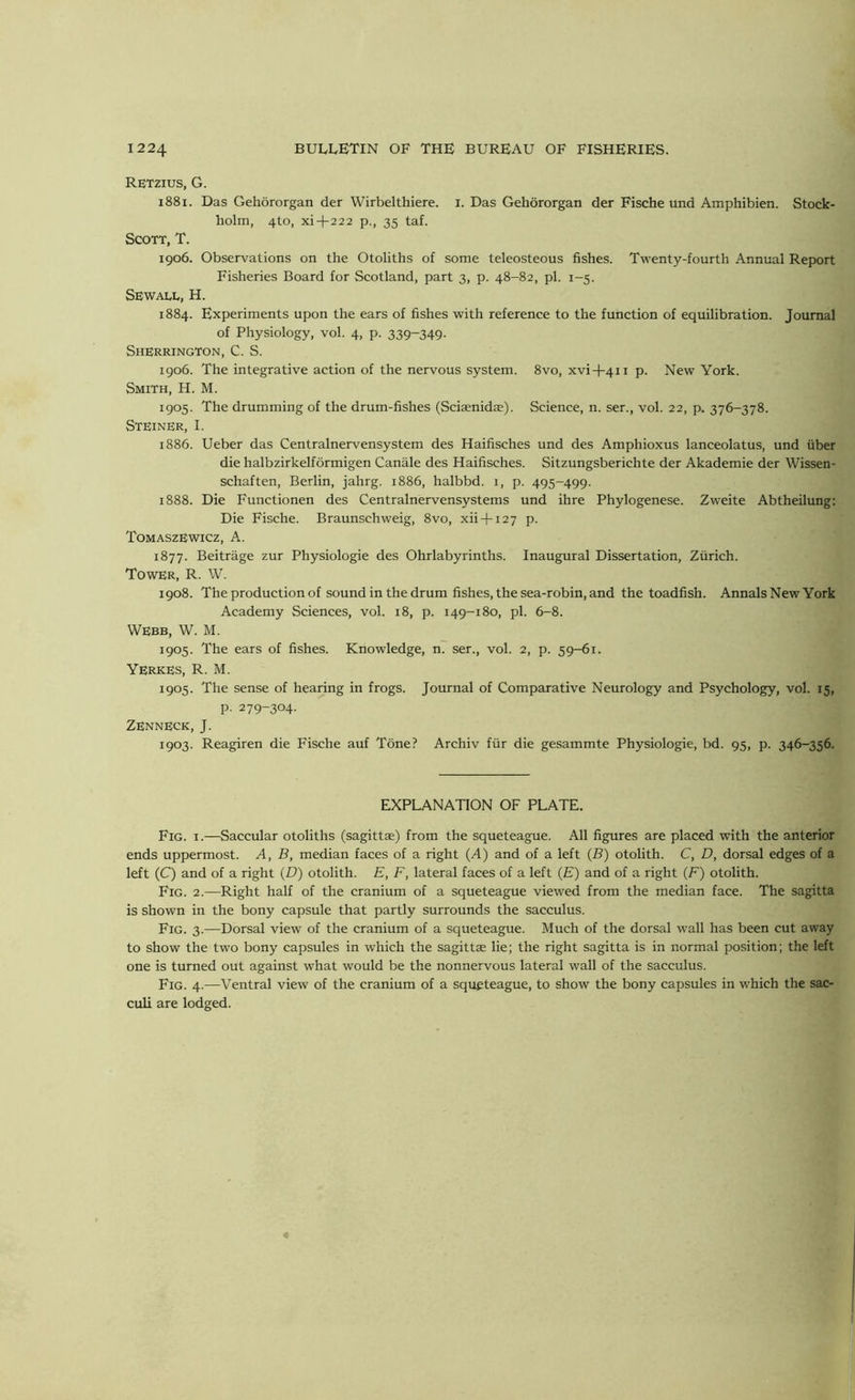Retzius, G. 1881. Das Gehororgan der Wirbelthiere. I. Das Gehororgan der Fische und Amphibien. Stock- holm, 4to, xi+222 p., 35 taf. Scott, T. 1906. Observations on the Otoliths of some teleosteous fishes. Twenty-fourth Annual Report Fisheries Board for Scotland, part 3, p. 48-82, pi. 1-5. Sewall, H. 1884. Experiments upon the ears of fishes with reference to the function of equilibration. Journal of Physiology, vol. 4, p. 339-349. Sherrington, C. S. 1906. The integrative action of the nervous system. 8vo, xvi+411 p. New York. Smith, H. M. 1905. The drumming of the drum-fishes (Scisenidae). Science, n. ser., vol. 22, p. 376-378. Steiner, I. 1886. Ueber das Centralnervensystem des Haifisches und des Amphioxus lanceolatus, und fiber die halbzirkelformigen Canale des Haifisches. Sitzungsberichte der Akademie der Wissen- schaften, Berlin, jahrg. 1886, halbbd. 1, p. 495-499. 1888. Die Functionen des Centralnervensystems und ihre Phylogenese. Zweite Abtheilung: Die Fische. Braunschweig, 8vo, xii + 127 p. TomaszEwicz, A. 1877. Beitrage zur Physiologie des Ohrlabyrinths. Inaugural Dissertation, Zfirich. Tower, R. W. 1908. The production of sound in the drum fishes, the sea-robin, and the toadfish. Annals New York Academy Sciences, vol. 18, p. 149-180, pi. 6-8. Webb, W. M. 1905. The ears of fishes. Knowledge, n. ser., vol. 2, p. 59-61. Yerkes, R. M. 1905. The sense of hearing in frogs. Journal of Comparative Neurology and Psychology, vol. 15, p. 279-304. ZennEck, J. 1903. Reagiren die Fische auf Tone? Archiv ffir die gesammte Physiologie, bd. 95, p. 346-356. EXPLANATION OF PLATE. Fig. 1.—Saccular otoliths (sagittae) from the squeteague. All figures are placed with the anterior ends uppermost. A, B, median faces of a right (A) and of a left (B) otolith. C, D, dorsal edges of a left (C) and of a right (D) otolith. E, F, lateral faces of a left (Zs) and of a right (F) otolith. Fig. 2.—Right half of the cranium of a squeteague viewed from the median face. The sagitta is shown in the bony capsule that partly surrounds the sacculus. Fig. 3.—Dorsal view of the cranium of a squeteague. Much of the dorsal wall has been cut away to show the two bony capsules in which the sagittae lie; the right sagitta is in normal position; the left one is turned out against what would be the nonnervous lateral wall of the sacculus. Fig. 4.—Ventral view of the cranium of a squeteague, to show the bony capsules in which the sac- culi are lodged.