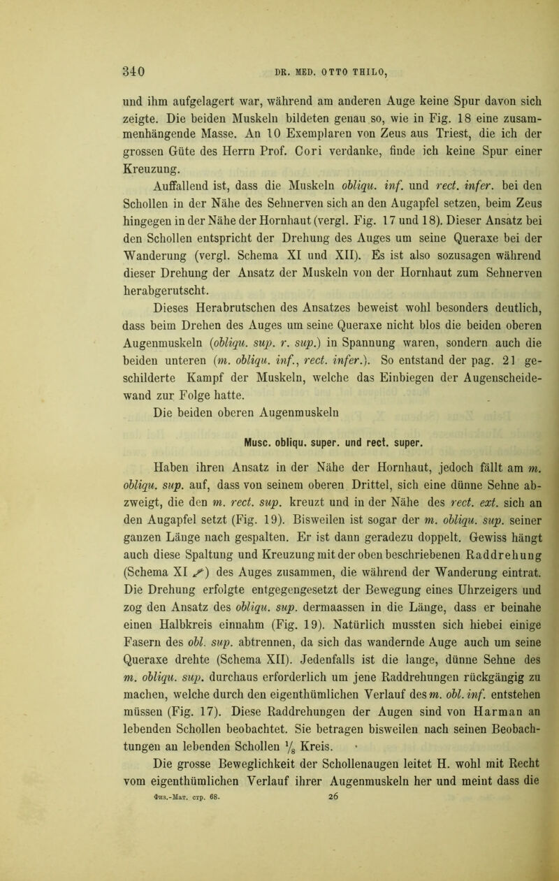und ihm aufgelagert war, während am anderen Auge keine Spur davon sich zeigte. Die beiden Muskeln bildeten genau so, wie in Fig. 18 eine zusam- menhängende Masse. An 10 Exemplaren von Zeus aus Triest, die ich der grossen Güte des Herrn Prof. Cori verdanke, finde ich keine Spur einer Kreuzung. Auffallend ist, dass die Muskeln obliqu. inf. und red. infer. bei den Schollen in der Nähe des Sehnerven sich an den Augapfel setzen, beim Zeus hingegen in der Nähe der Hornhaut (vergl. Fig. 17 und 18). Dieser Ansatz bei den Schollen entspricht der Drehung des Auges um seine Queraxe bei der Wanderung (vergl. Schema XI und XII). Es ist also sozusagen während dieser Drehung der Ansatz der Muskeln von der Hornhaut zum Sehnerven herabgerutscht. Dieses Herabrutschen des Ansatzes beweist wohl besonders deutlich, dass beim Drehen des Auges um seine Queraxe nicht blos die beiden oberen Augenmuskeln (obliqu. sup. r. sup.) in Spannung waren, sondern auch die beiden unteren (m. obliqu. inf., red. infer.). So entstand der pag. 21 ge- schilderte Kampf der Muskeln, welche das Einbiegen der Augenscheide- wand zur Folge hatte. Die beiden oberen Augenmuskeln Muse, obliqu. super, und rect. super. Haben ihren Ansatz in der Nähe der Hornhaut, jedoch fällt am m. obliqu. sup. auf, dass von seinem oberen Drittel, sich eine dünne Sehne ab- zweigt, die den m. red. sup. kreuzt und in der Nähe des red. ext. sich an den Augapfel setzt (Fig. 19). Bisweilen ist sogar der m. obliqu. sup. seiner ganzen Länge nach gespalten. Er ist dann geradezu doppelt. Gewiss hängt auch diese Spaltung und Kreuzung mit der oben beschriebenen Raddrehung (Schema XI p’') des Auges zusammen, die während der Wanderung eintrat. Die Drehung erfolgte entgegengesetzt der Bewegung eines Uhrzeigers und zog den Ansatz des obliqu. sup. dermaassen in die Länge, dass er beinahe einen Halbkreis einnahm (Fig. 19). Natürlich mussten sich hiebei einige Fasern des obl. sup. abtrennen, da sich das wandernde Auge auch um seine Queraxe drehte (Schema XII). Jedenfalls ist die lange, dünne Sehne des m. obliqu. sup. durchaus erforderlich um jene Raddrehungen rückgängig zu machen, welche durch den eigenthümlichen Verlauf desm. obl. inf. entstehen müssen (Fig. 17). Diese Raddrehungen der Augen sind von Harman an lebenden Schollen beobachtet. Sie betragen bisweilen nach seinen Beobach- tungen an lebenden Schollen % Kreis. Die grosse Beweglichkeit der Schollenaugen leitet H. wohl mit Recht vom eigenthümlichen Verlauf ihrer Augenmuskeln her und meint dass die