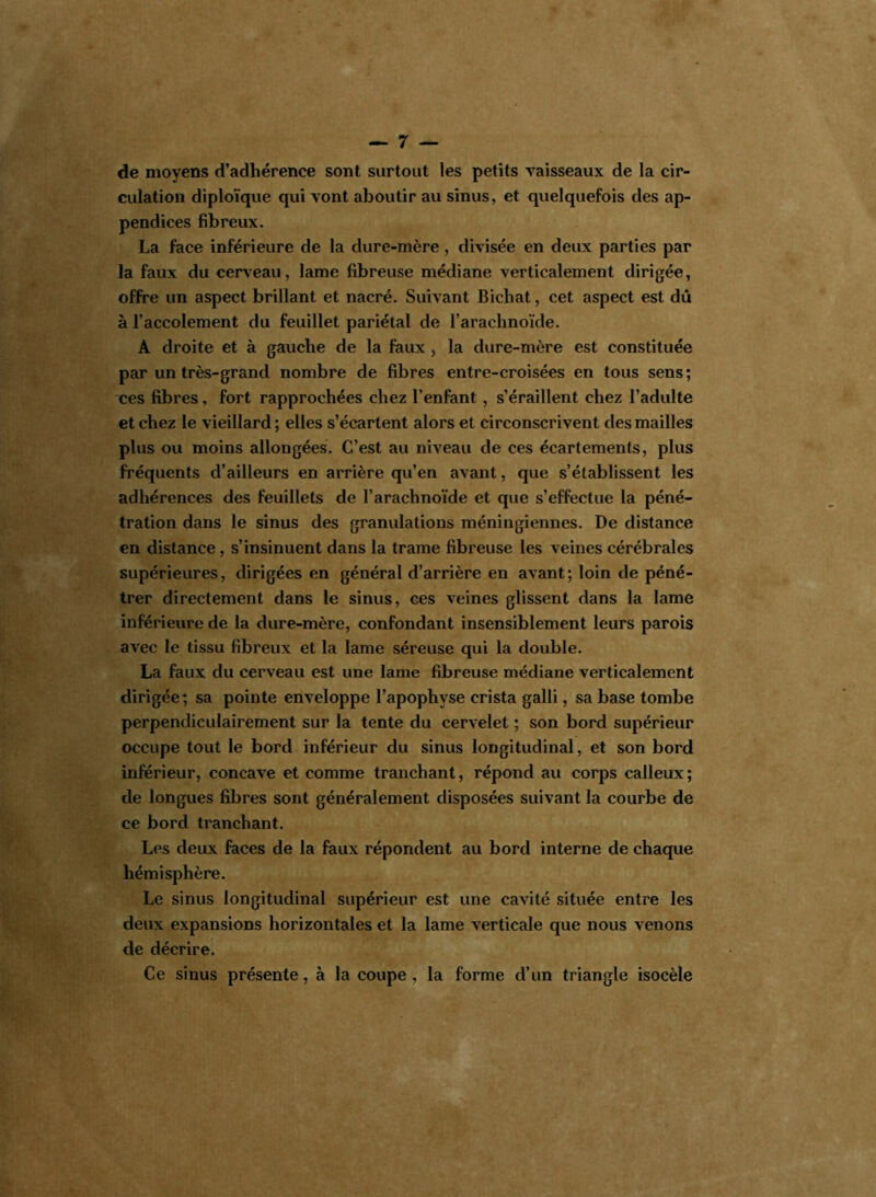 de moyens d’adhérence sont surtout les petits vaisseaux de la cir- culation diploïque qui vont aboutir au sinus, et quelquefois des ap- pendices fibreux. La face inférieure de la dure-mère, divisée en deux parties par la faux du cerveau, lame fibreuse médiane verticalement dirigée, offre un aspect brillant et nacré. Suivant Bichat, cet aspect est dû à l’accolement du feuillet pariétal de l’arachnoïde. A droite et à gauche de la faux , la dure-mère est constituée par un très-grand nombre de fibres entre-croisées en tous sens ; ces fibres, fort rapprochées chez l’enfant , s’éraillent chez l’adulte et chez le vieillard ; elles s’écartent alors et circonscrivent des mailles plus ou moins allongées. C’est au niveau de ces écartements, plus fréquents d’ailleurs en arrière qu’en avant, que s’établissent les adhérences des feuillets de l’arachnoïde et que s’effectue la péné- tration dans le sinus des granulations méningiennes. De distance en distance, s’insinuent dans la trame fibreuse les veines cérébrales supérieures, dirigées en général d’arrière en avant; loin de péné- trer directement dans le sinus, ces veines glissent dans la lame inférieure de la dure-mère, confondant insensiblement leurs parois avec le tissu fibreux et la lame séreuse qui la double. La faux du cerveau est une lame fibreuse médiane verticalement dirigée ; sa pointe enveloppe l’apophyse crista galli, sa base tombe perpendiculairement sur la tente du cervelet ; son bord supérieur occupe tout le bord inférieur du sinus longitudinal, et son bord inférieur, concave et comme tranchant, répond au corps calleux ; de longues fibres sont généralement disposées suivant la courbe de ce bord tranchant. Les deux faces de la faux répondent au bord interne de chaque hémisphère. Le sinus longitudinal supérieur est une cavité située entre les deux expansions horizontales et la lame verticale que nous venons de décrire. Ce sinus présente, à la coupe , la forme d’un triangle isocèle