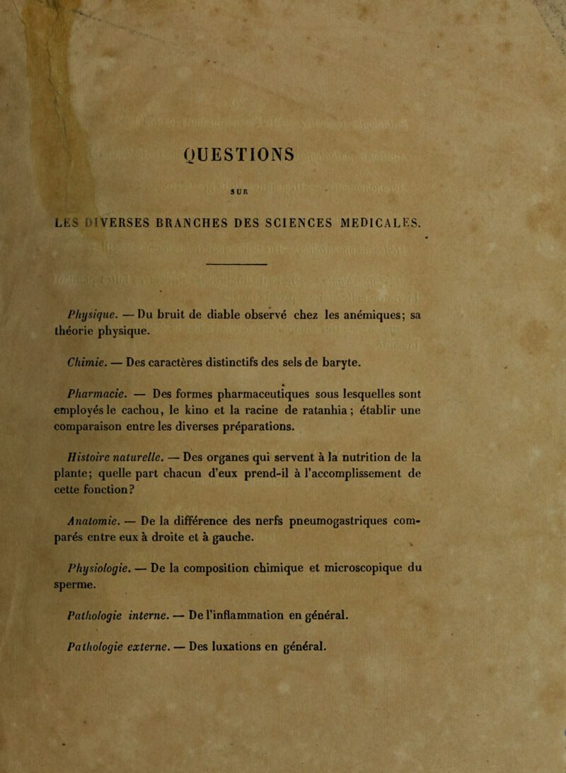 QUESTIONS SUP. LES DIVERSES BRANCHES DES SCIENCES MEDICALES. Physique. —Du bruit de diable observé chez les anémiques; sa théorie physique. Chimie. — Des caractères distinctifs des sels de baryte. Pharmacie. — Des formes pharmaceutiques sous lesquelles sont employés le cachou, le kino et la racine de ratanhia ; établir une comparaison entre les diverses préparations. Histoire naturelle. — Des organes qui servent à la nutrition de la plante; quelle part chacun d’eux prend-il à l’accomplissement de cette fonction? Anatomie. — De la différence des nerfs pneumogastriques com- parés entre eux à droite et à gauche. Physiologie. — De la composition chimique et microscopique du sperme. Pathologie interne. — De l’inflammation en général. Pathologie externe. — Des luxations en général.