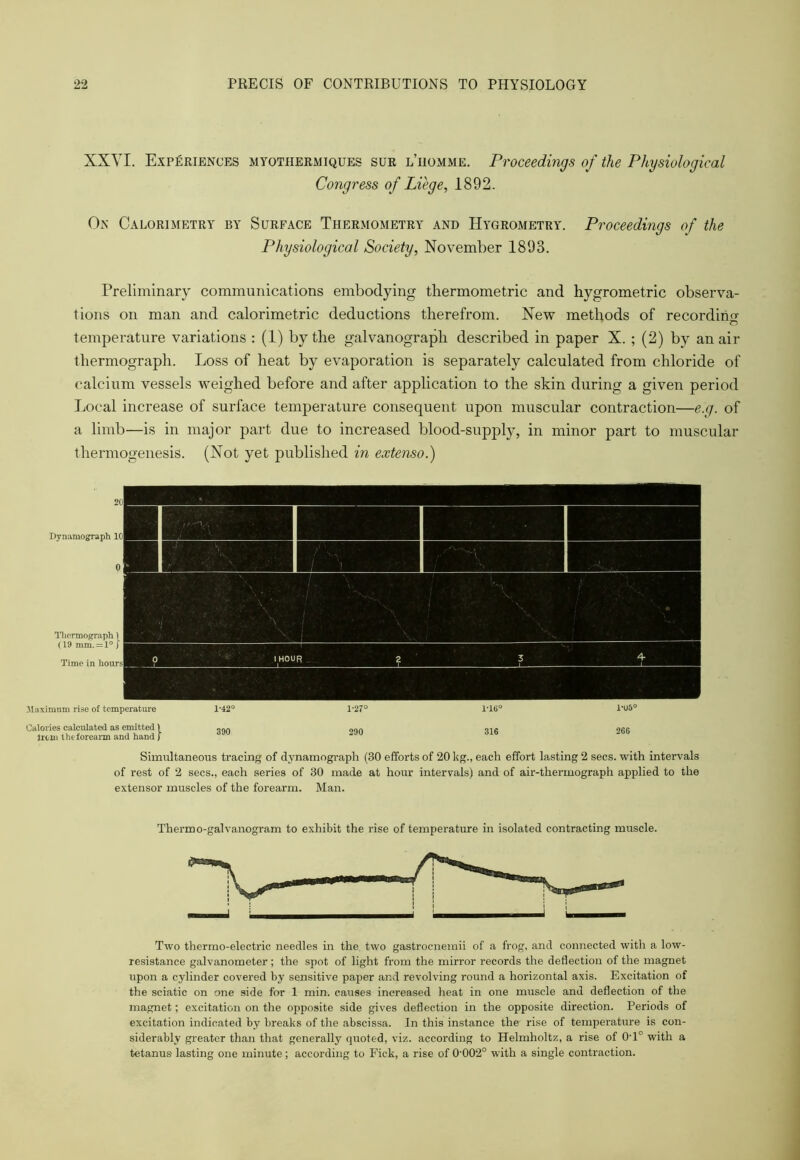 XXYI. Experiences myothermiques sur l’iiomme. Proceedings of the Physiological Congress of Liege, 1892. On Calorimetry by Surface Thermometry and Hygrometry. Proceedings of the Physiological Society, November 1893. Preliminary communications embodying thermometric and hygrometric observa- tions on man and calorimetric deductions therefrom. New methods of recording temperature variations : (1) by the galvanograpli described in paper X. ; (2) by an air thermograph. Loss of heat by evaporation is separately calculated from chloride of calcium vessels weighed before and after application to the skin during a given period Local increase of surface temperature consequent upon muscular contraction—e.g. of a limb—is in major part due to increased blood-supply, in minor part to muscular thermogenesis. (Not yet published in extenso.) Calories calculated as emitted ) lrc.ui the forearm and hand) 390 290 316 266 Simultaneous tracing of dynamograph (30 efforts of 20 kg., each effort lasting 2 secs, with intervals of rest of 2 secs., each series of 30 made at hour intervals) and of air-thermograph applied to the extensor muscles of the forearm. Man. Therm o-galvanogram to exhibit the rise of temperature in isolated contracting muscle. Two thermo-electric needles in the two gastrocnemii of a frog, and connected with a low- resistance galvanometer; the spot of light from the mirror records the deflection of the magnet upon a cylinder covered by sensitive paper and revolving round a horizontal axis. Excitation of the sciatic on one side for 1 min. causes increased heat in one muscle and deflection of the magnet; excitation on the opposite side gives deflection in the opposite direction. Periods of excitation indicated by breaks of the abscissa. In this instance the rise of temperature is con- siderably greater than that generally quoted, viz. according to Helmholtz, a rise of 0Y° with a tetanus lasting one minute ; according to Fick, a rise of 0'002° with a single contraction.