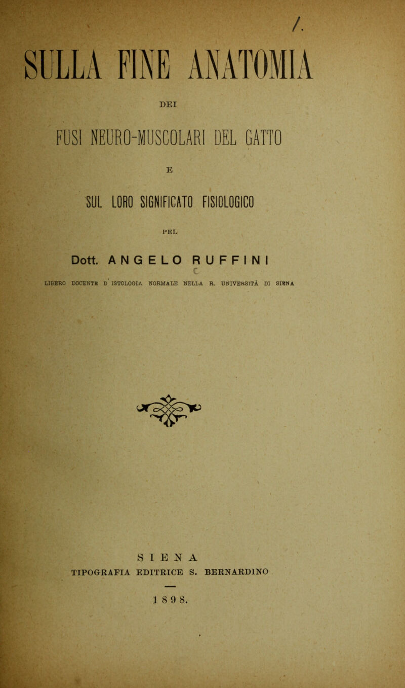 SULLA PINE ANATOMIA DEI FUSI NEURO-MUSCOLARI DEL GATTO E SUL LORO SIGNIFICATO FISIOLOGICO PEL Dott. ANGELO RUFFINI c LIBERO DOCENTE d’ ISTOLOGIA NORMALE NELLA R. UNIVERSITÀ DI SIENA SIENA TIPOGRAFIA EDITRICE S. BERNARDINO