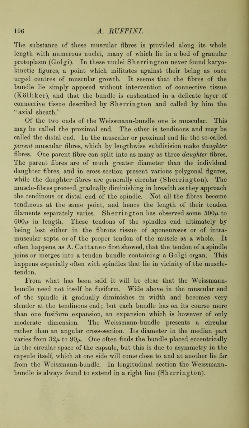 The substance of these muscular fibres is provided along its whole length with numerous nuclei, many of which lie in a bed of granular protoplasm (Golgi). In these nuclei Sherrington never found karyo- kinetic figures, a point which militates against their being as once urged centres of muscular growth. It seems that the fibres of the bundle lie simply apposed without intervention of connective tissue (Kolliker), and that the bundle is ensheathed in a delicate layer of connective tissue described by Sherrington and called by him the “ axial sheath.” Of the two ends of the Weissmann-bundle one is muscular. This may be called the proximal end. The other is tendinous and may be called the distal end. In the muscular or proximal end lie the so-called parent muscular fibres, which by lengthwise subdivision make daughter fibres. One parent fibre can split into as many as three daughter fibres. The parent fibres are of much greater diameter than the individual daughter fibres, and in cross-section present various polygonal figures, while the daughter fibres are generally circular (Sherrington). The muscle-fibres proceed, gradually diminishing in breadth as they approach the tendinous or distal end of the spindle. Not all the fibres become tendinous at the same point, and hence the length of their tendon filaments separately varies. Sherrington has observed some 500/6 to 600//, in length. These tendons of the spindles end ultimately by being lost either in the fibrous tissue of aponeuroses or of intra- muscular septa or of the proper tendon of the muscle as a whole. It often happens, as A. Cattaneo first showed, that the tendon of a spindle joins or merges into a tendon bundle containing a Golgi organ. This happens especially often with spindles that lie in vicinity of the muscle- tendon. From what has been said it will be clear that the Weissmann- bundle need not itself be fusiform. Wide above in the muscular end of the spindle it gradually diminishes in width and becomes very slender at the tendinous end; but each bundle has on its course more than one fusiform expansion, an expansion which is however of only moderate dimension. The Weissmann-bundle presents a circular rather than an angular cross-section. Its diameter in the median part varies from 32/6 to 90/6. One often finds the bundle placed eccentrically in the circular space of the capsule, but this is due to asymmetry in the capsule itself, which at one side will come close to and at another lie far from the Weissmann-bundle. In longitudinal section the Weissmann- bundle is always found to extend in a right line (Sherrington).