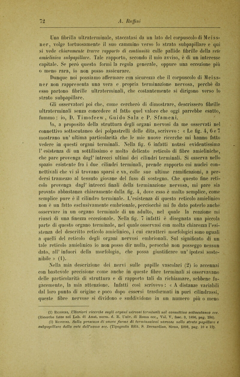 Una fibrilla ultraterminale, staccatasi da un lato del corpuscolo di Mei ss- ner, volge tortuosamente il suo cammino verso lo strato subpapillare e qui si vede chiaramente trarre rapporto di continuità colle pallide fibrille della rete amielinica subpapillare. Tale rapporto, secondo il mio avviso, è di un interesse capitale. Se però questo formi la regola generale, oppure una eccezione più o meno rara, io non posso assicurare. Dunque noi possiamo affermare con sicurezza che il corpuscolo di Meiss- ner non rappresenta una vera e propria terminazione nervosa, perchè da esso partono fibrille ultraterminali, che costantemente si dirigono verso lo strato subpapillare. Gli osservatori poi che, come cercherò di dimostrare, descrissero fibrille ultraterminali senza concedere al fatto quel valore che oggi parrebbe esatto, fummo: io, D. Timofeew, Guido Sala e P. Sfameni. lo, a proposito della struttura degli organi nervosi da me osservati nel connettivo sottocutaneo dei polpastrelli delle dita, scrivevo : « Le fig. 4, 6 e 7 mostrano un’ ultima particolarità che le mie nuove ricerche mi hanno fatto vedere in questi organi terminali. Nella fig. 6 infatti notasi evidentissima P esistenza di un sottilissimo e molto delicato reticolo di fibre amieliniche, che pare provenga dagl’intrecci ultimi dei cilindri terminali. Si osserva nello spazio esistente fra i due cilindri terminali, prende rapporto coi nuclei con- netti vali che vi si trovano sparsi e va, colle sue ultime ramificazioni, a per- dersi tramezzo al tessuto giovane del fuso di sostegno. Che questo fine reti- colo provenga dagl’ intrecci finali della terminazione nervosa, mi pare sia provato abbastanza chiaramente dalla fig. 4, dove esso è molto semplice, come semplice pure è il cilindro terminale. L’esistenza di questo reticolo amielinico non è un fatto esclusivamente embrionale, perciocché mi fu dato poterlo anche osservare in un organo terminale di un adulto, nel quale la reazione mi riuscì di una finezza eccezionale. Nella fig. 7 infatti è disegnata una piccola parte di questo organo terminale, nel quale osservasi con molta chiarezza l’esi- stenza del descritto reticolo amielinico, i cui caratteri morfologici sono uguali a quelli del reticolo degli organi nervosi embrionali. Sul significato di un tale reticolo amielinico io non posso dir nulla, perocché non posseggo nessun dato, all’ infuori della morfologia, che possa giustificare un’ ipotesi soste- nibile » (1). Nella mia descrizione dei nervi sulle papille vascolari (2) io accennai con bastevole precisione come anche in queste fibre terminali si osservavano delle particolarità di struttura e di rapporto tali da richiamare, sebbene fu- gacemente, la mia attenzione. Infatti così scrivevo : « A distanze variabili dal loro punto di origine e poco dopo essersi trasformati in puri cilindrassi, queste fibre nervose si dividono e suddividono in un numero più o meno (1) Buffisi, Ulteriori ricerche sugli organi nervosi terminali nel connettivo sottocutaneo ecc. (Ricerche fatte nel Lab. di Anat. norra. d. R. Uniw di Roma ecc., Yol. V, fase. 3, 1896, pag. 194). (2) Ruffini, Sulla presenza di nuove forme di terminazioni nervose nello strato papillare e