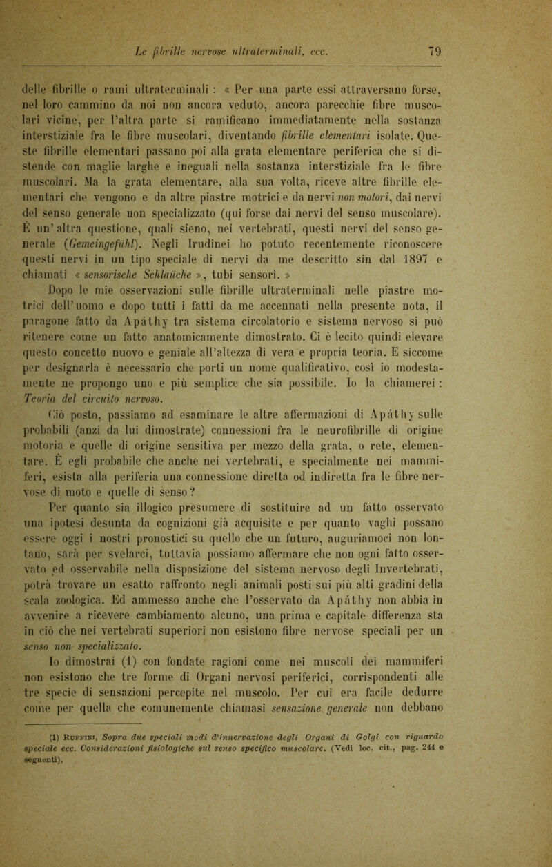 delle fibrille o rami ultraterminali : « Per una parte essi attraversano forse, nel loro cammino da noi non ancora veduto, ancora parecchie fibre musco- lari vicine, per l’altra parte si ramificano immediatamente nella sostanza interstiziale fra le fibre muscolari, diventando fibrille elementari isolate. Que- ste fibrille elementari passano poi alla grata elementare periferica che si di- stende con maglie larghe e ineguali nella sostanza interstiziale fra le fibre muscolari. Ma la grata elementare, alla sua volta, riceve altre fibrille ele- mentari che vengono e da altre piastre motrici e da nervi non motori, dai nervi del senso generale non specializzato (qui forse dai nervi del senso muscolare). E un’altra questione, quali sieno, nei vertebrati, questi nervi del senso ge- nerale (Gemeingefiihl). Negli Irudinei ho potuto recentemente riconoscere questi nervi in un tipo speciale di nervi da me descritto sin dal 1897 e chiamati « sensorische Schlaiiche », tubi sensori. » Dopo le mie osservazioni sulle fibrille ultraterminali nelle piastre mo- trici dell’uomo e dopo tutti i fatti da me accennati nella presente nota, il paragone fatto da Apàthv tra sistema circolatorio e sistema nervoso si può ritenere come un fatto anatomicamente dimostrato. Ci ò lecito quindi elevare questo concetto nuovo e geniale all’altezza di vera e propria teoria. E siccome per designarla è necessario che porti un nome qualificativo, così io modesta- mente ne propongo uno e più semplice che sia possibile. Io la chiamerei : Teoria del circuito nervoso. Ciò posto, passiamo ad esaminare le altre affermazioni di Apàthy sulle probabili (anzi da lui dimostrate) connessioni fra le neurofibrille di origine motoria e quelle di origine sensitiva per mezzo della grata, o rete, elemen- tare. È egli probabile che anche nei vertebrati, e specialmente nei mammi- feri, esista alla periferia una connessione diretta od indiretta fra le fibre ner- vose di moto e quelle di senso? Per quanto sia illogico presumere di sostituire ad un fatto osservato una ipotesi desunta da cognizioni già acquisite e per quanto vaghi possano essere oggi i nostri pronostici su quello che un futuro, auguriamoci non lon- tano, sarà per svelarci, tuttavia possiamo affermare che non ogni fatto osser- vato ed osservabile nella disposizione del sistema nervoso degli Invertebrati, potrà trovare un esatto raffronto negli animali posti sui più alti gradini della scala zoologica. Ed ammesso anche che l’osservato da Apàthy non abbia in avvenire a ricevere cambiamento alcuno, una prima e capitale differenza sta in ciò che nei vertebrati superiori non esistono fibre nervose speciali per un senso non- specializzato. Io dimostrai (1) con fondate ragioni come nei muscoli dei mammiferi non esistono che tre forme di Organi nervosi periferici, corrispondenti alle tre specie di sensazioni percepite nel muscolo. Per cui era facile dedurre come per quella che comunemente chiamasi sensazione generale non debbano (1) Ruffini, Sopra due speciali modi d’innervazione degli Organi di Golgi con riguardo speciale ecc. Considerazioni fisiologiche sul senso specifico muscolare. (Tedi loc. cit., pag. 244 e seguenti).