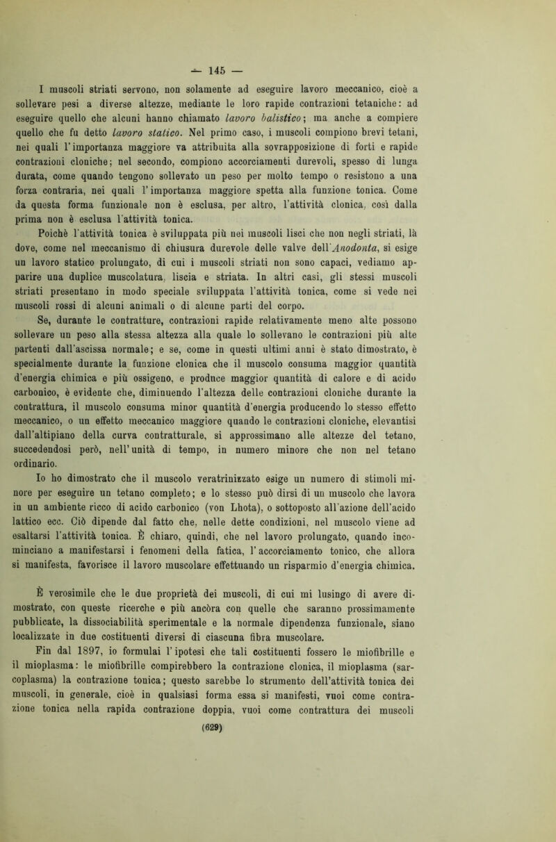 145 — I muscoli striati servono, non solamente ad eseguire lavoro meccanico, cioè a sollevare pesi a diverse altezze, mediante le loro rapide contrazioni tetaniche: ad eseguire quello che alcuni hanno chiamato lavoro balistico; ma anche a compiere quello che fu detto lavoro statico. Nel primo caso, i muscoli compiono brevi tetani, nei quali l’importanza maggiore va attribuita alla sovrapposizione di forti e rapide contrazioni cloniche; nel secondo, compiono accorciamenti durevoli, spesso di lunga durata, come quando tengono sollevato un peso per molto tempo o resistono a una forza contraria, nei quali l’importanza maggiore spetta alla funzione tonica. Come da questa forma funzionale non è esclusa, per altro, l’attività clonica, così dalla prima non è esclusa l'attività tonica. Poiché l’attività tonica è sviluppata più nei muscoli lisci che non negli striati, là dove, come nel meccanismo di chiusura durevole delle valve dell'Anodonta, si esige un lavoro statico prolungato, di cui i muscoli striati non sono capaci, vediamo ap- parire una duplice muscolatura, liscia e striata. In altri casi, gli stessi muscoli striati presentano in modo speciale sviluppata l’attività tonica, come si vede nei muscoli rossi di alcuni animali o di alcune parti del corpo. Se, durante le contratture, contrazioni rapide relativamente meno alte possono sollevare un peso alla stessa altezza alla quale lo sollevano le contrazioni più alte partenti dall’ascissa normale; e se, come in questi ultimi anni è stato dimostrato, è specialmente durante la funzione clonica che il muscolo consuma maggior quantità d’energia chimica e più ossigeno, e produce maggior quantità di calore e di acido carbonico, è evidente che, diminuendo l’altezza delle contrazioni cloniche durante la contrattura, il muscolo consuma minor quantità d’energia producendo lo stesso effetto meccanico, o un effetto meccanico maggiore quando le contrazioni cloniche, elevantisi dall’altipiano della curva contratturale, si approssimano alle altezze del tetano, succedendosi però, nell’ unità di tempo, in numero minore che non nel tetano ordinario. Io ho dimostrato che il muscolo veratrinizzato esige un numero di stimoli mi- nore per eseguire un tetano completo; e lo stesso può dirsi di un muscolo che lavora in un ambiente ricco di acido carbonico (von Lhota), o sottoposto all’azione dell’acido lattico ecc. Ciò dipende dal fatto che, nelle dette condizioni, nel muscolo viene ad esaltarsi l’attività tonica. È chiaro, quindi, che nel lavoro prolungato, quando inco- minciano a manifestarsi i fenomeni della fatica, l’accorciamento tonico, che allora si manifesta, favorisce il lavoro muscolare effettuando un risparmio d’energia chimica. È verosimile che le due proprietà dei muscoli, di cui mi lusingo di avere di- mostrato, con queste ricerche e più ancóra con quelle che saranno prossimamente pubblicate, la dissociabilità sperimentale e la normale dipendenza funzionale, siano localizzate in due costituenti diversi di ciascuna fibra muscolare. Fin dal 1897, io formulai l’ipotesi che tali costituenti fossero le miofibrille e il mioplasma: le miofibrille compirebbero la contrazione clonica, il mioplasma (sar- coplasraa) la contrazione tonica ; questo sarebbe lo strumento dell’attività tonica dei muscoli, in generale, cioè in qualsiasi forma essa si manifesti, vuoi come contra- zione tonica nella rapida contrazione doppia, vuoi come contrattura dei muscoli