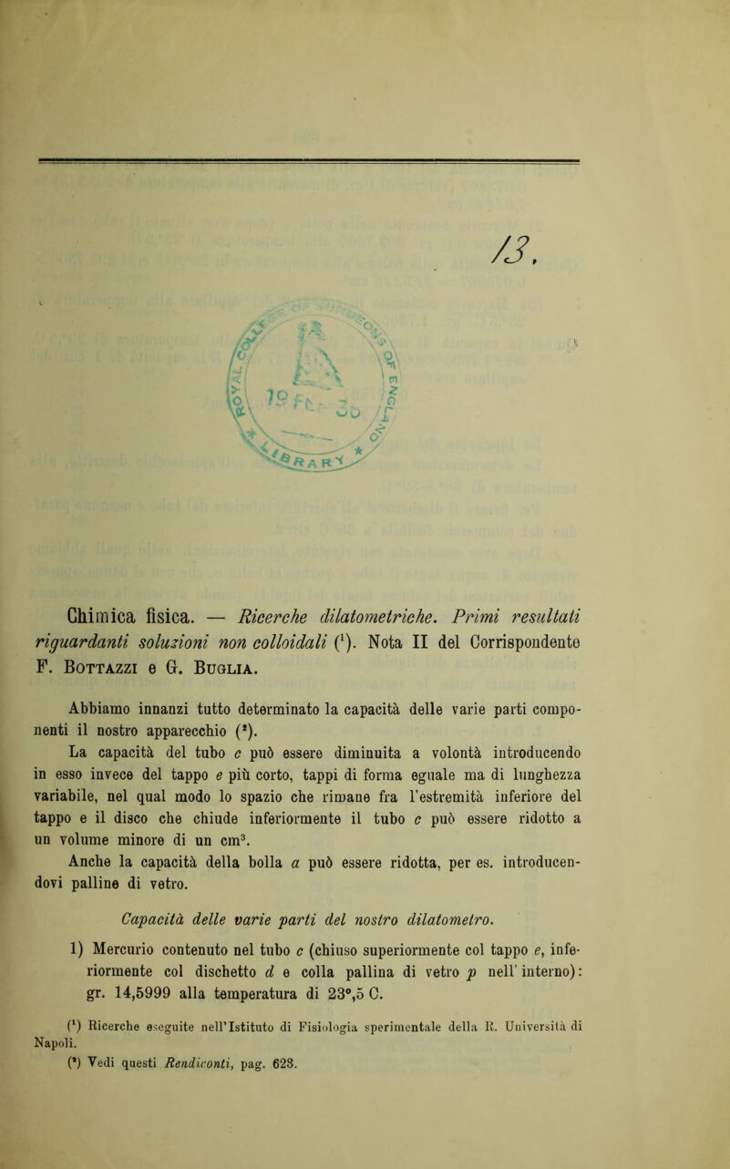 Chimica fisica. — Ricerche dilatometriche. Primi resultati riguardanti soluzioni non colloidali (*). Nota II del Corrispondente F. Bottazzi e G. Buglia. Abbiamo innanzi tutto determinato la capacità delle varie parti compo- nenti il nostro apparecchio (*). La capacità del tubo c può essere diminuita a volontà introducendo in esso invece del tappo e più corto, tappi di forma eguale ma di lunghezza variabile, nel qual modo lo spazio che rimane fra l’estremità inferiore del tappo e il disco che chiude inferiormente il tubo c può essere ridotto a un volume minore di un cm3. Anche la capacità della bolla a può essere ridotta, per es. introducen- dovi palline di vetro. Capacità delle varie parti del nostro dilatometro. 1) Mercurio contenuto nel tubo c (chiuso superiormente col tappo e, infe- riormente col dischetto d e colla pallina di vetro p nell' interno) : gr. 14,5999 alla temperatura di 23°,5 C. (*) Ricerche eseguite nell’Istituto di Fisiologia sperimentale della R. Università di Napoli. (*) Vedi questi Rendiconti, pag. 628.