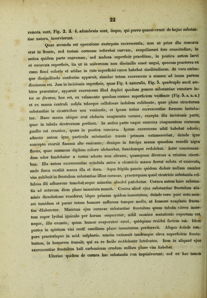 remota sunt, Fig. 2. 3. 4. adumbrata sunt, iisque, qui porro quaesiverunt de hujus substan- tiae natura, inservierunt. Quae secunda est operatione exstirpata excrescentia, non ut prior illa concava erat in fronte, sed testam corueam referebat curvam, sesquilineari fere crassitudine, in antica quidem parte convexam, sed nodosa superficie praeditam, in postica autem laevi et excavata superficie, ita ut in universum non dissimilis esset ungui, quocum praeterea ex cano fusci coloris et aridae in cute superficiei causa habebat similitudinem. At vero utrius- que dissimilitudo confestim apparuit, simulae totum excrescens a summa ad imam partem discissum est. Jam in incisionis superficie, quae Fig. 4. naturalis, Fig. 5. quadruplo aucti am- bitus praestatur, apparuit excrescens illud duplici quodam genere substantiae constare in- ter se diverso, hoc est, ex velamento quodam corneo superficiem vestiente (Fig. 5. a. a. a.) et ex massa centrali solida telaeque cellulosae indolem exhibente, quae plane structuram substantiae in cicatricibus usu venientis, et ipsam totius excrescentiae formam imitaba- tur. Haec massa ubique erat obducta coagmento corneo, excepta illa incisionis parte, quae in tabula dextrorsum pertinet. In antica parte eaque convexa coagmentum corneum paullo est crassius, quam in postica concava. Ipsum excrescens nihil habebat odoris; admoto autem igne particula substantiae tenuis primum extumescebat, deinde igne concepto exarsit flamma alte emicante; denique in forcipe massa quaedam resedit nigra fluens, quae summum digitum colore obducebat, fumidumque redolebat. Inter concreman- dum odor fundebatur a cornu adusto non alienus, quamquam diversus a crinium cineri- bus. Illa autem excrescentiae scindnla antea a cicatricis massa fuerat soluta et exsiccata, unde fusca exstitit massa illa et dura. Aqua frigida paucis quidem diebus nullam omnino vim exhibuit in frustulum substantiae illius corneae, praeterquam quod cicatricis substantia cel- lulosa illi adhaerens tumebat seque minutim absolvi patiebatur. Cornea autem haec substan- tia ad octavum diem plane immutata mansit. Contra aliud ejus substantiae frustulum alu- minis dissolutione resederat, idque primum quidem immutatum, deinde vero post octo men- ses tumidum et paene totum humore suffusum tamque molle, ut humore exagitato frusta- tim dilaberetur. Minutum ejus corneae substantiae frustulum quum tubulo vitreo inser- tum super lychni igniculo per horam coqueretur, nihil omnino mutationis expertum est, neque, illo exemto, quum humor evaporatus esset, quidquam residui factum est. Idem postea in spiritum vini rectf. conditum plane immutatum perduravit. Aliquo deinde tem- pore praeterlapso m acid. sulphuric. sensim extumuit tandemque circa superficiem frustu- lentum, in humorem transiit, qui ea re facile reddebatur lutulentus. Item in aliquod ejus excrescentiae frustulum kali carbonicum crudum nullam plane vim habebat. Ulterius quidem de cornea hac substantia non inquisiverunt; sed ex hac tamen