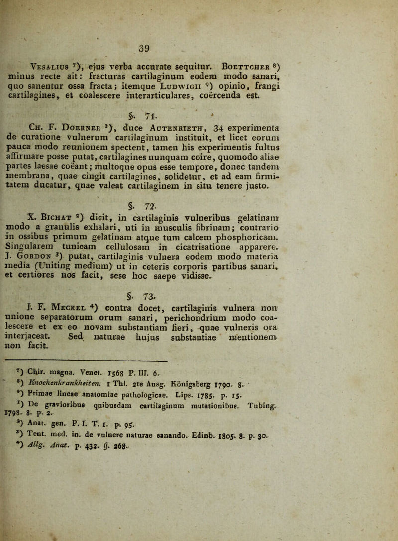 V 39 Vesaliu9 7), ejus verba accurate sequitur. Boettcher 8) minus recte ait: fracturas cartilaginum eodem modo sanari, quo sanentur ossa fracta; itemque Ludwigii 9) opinio, frangi cartilagines, et coalescere interarticulares, coercenda est. §. 71- ’ * Ch. F. Doerner r), duce Autenrtetjt, 34 experimenta de curatione vulnerum cartilaginum instituit, et licet eorum pauca modo reunionem spectent, tamen his experimentis fultus affirmare posse putat, cartilagines nunquam coire, quomodo aliae partes laesae coeant; multoque opus esse tempore, donec tandem membrana, quae cingit cartilagines, solidetur, et ad eam firmi- tatem ducatur, quae valeat cartilaginem in situ tenere justo. §• 72- X. Bichat 2) dicit, in cartilaginis vulneribus gelatinam modo a granulis exhalari, uti in musculis fibrinam; contrario in ossibus primum gelatinam atque tum calcem phosphoricam. Singularem tunicam cellulosam in cicatrisatione apparere. J. Gordon 3) putat, cartilaginis vulnera eodem modo materia media (Uniting medium) ut in ceteris corporis partibus sanari, et certiores nos facit, sese hoc saepe vidisse. §• 73- J. F, Meckel 4) contra docet, cartilaginis vulnera non unione separatorum orum sanari, perichondrium modo coa- lescere et ex eo novam substantiam fieri, quae vulneris ora interjaceat. Sed naturae hujus substantiae mentionem non facit. 7) Chir. magna. Venet. 1568 P. III. 6. 8) Knochenkrankhciten. r Thl. 2te Ausg. Konigsberg 1790. 8- ' 9) Primae lineae anatomiae pathologicae. Lips. 1785« p. 15. r) De gravioribus qjuibusdam cartilaginum mutationibus. Tubing. 1798- 8- p- 2- a) Anar. gen. P. I. T. r. p. 95. 3) Tent. med. In. de vulnere naturae eanando. Edinb. 1805. 8- p. 30.
