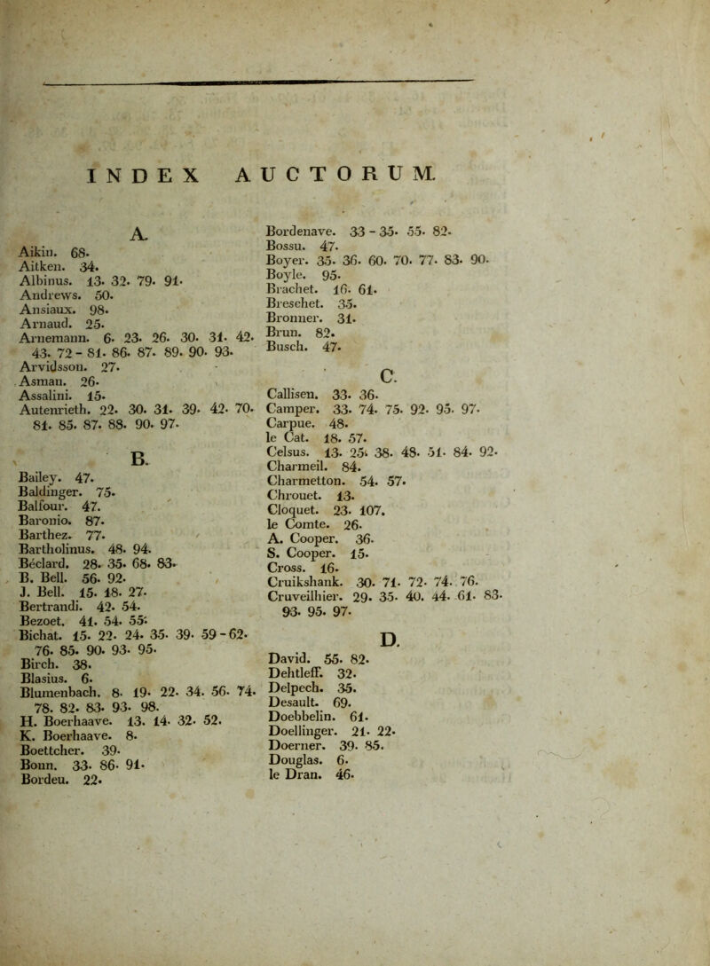 INDEX AUCTORUM. A. Aikin. 68- Aitken. 34. Albinus. 13* 32- 79- 91* Andrews. 50. Ansiaux. 98- Arnaud. 25. Arnemann. 6- 23. 26. 30. 31* 43. 72 - 81. 86. 87- 89- 90. 93. Arvidsson. 27* Asman. 26- > Assalini. 15. Bailey. 47. Baldinger. 75. Baliour. 47. Baronio. 87. Bai'thez. 77* Bartholinus. 48. 94. Beclard. 28. 35* 68. 83« B. Bell. 56- 92. J. Bell. 15. 18. 27. Berti'andi. 42- 54. Bezoet. 41. 54. 55« Bichat. 15. 22- 24- 35- 39- 59-62. 76- 85. 90. 93- 95- Birch. 38. Blasius. 6* Blunxenbach. 8- 19« 22. 34. 56- 74. 78. 82. 83- 93* 98. H. Boerhaave. 13. 14- 32- 52. K. Boerhaave. 8- Boettcher. 39* Bonn. 33- 86- 91- Bordeu. 22* Bordenave. 33 - 35- 55. 82. Bossu. 47. Boyer. 35- 36. 60. 70. 77- 83. 90. Boyle. 95- Brachet. 16. 61» Bresehet. 35« Bronxxer. 31* 42. Brun. 82. Busch. 47- c. 33- 36. 33. 74- 75. 92- 95- 97. Carpue. 48. le Cat. 18. 57. Celsus. 13 25^ 38. 48- 51- 84. 92- Charmeil. 84. Charmetton. 54- 57» Chrouet. 13- Cloquet. 23- 107. le Comte. 26- A. Cooper. 36- S. Cooper. 15. Cross. 16» Cruikshaixk. .30. 71- 72- 74. 76. Cruveilhier. 29* 35- 40. 44- 61- 83« 93- 95. 97. D. David. 55. 82* Dehtleff. 32. Delpech. 35. Desault. 69- Doebbelin. 61. Doellixxger. 21* 22* Doerxxer. 39- 85. Douglas. 6. le Dran. 46. Callisen. Autemneth. 22- 30. 31« 39* 42- 70. Camper. 81. 85. 87. 88. 90. 97. B.