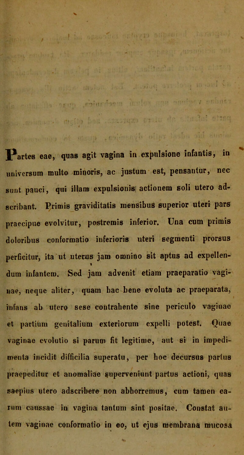 Partes eae, quas agit vagina in expulsione infantis, in universum multo minoris, ac justum est, pensantur, nec sunt pauci, qui illam expulsionis actionem soli utero ad- scribant. Primis graviditatis mensibus superior uteri pars praecipue evolvitur, postremis inferior. Una cum primis doloribus conformatio iuferioris uteri segmenti prorsus perficitur, ita ut uterus jam omnino sit aptus ad expellen- « dura infantem. Sed jam advenit etiam praeparatio vagi- nae, neque aliter, quam bac bene evoluta ac praeparata, l infans ab utero sese contrahente sine periculo vaginao et partium genitalium exteriorum expelli potest. Quae vaginae evolutio si parum fit legitime, aut si in impedi- menta incidit difficilia superatu, per hoc decursus partus praepeditur et anomaliae superveniunt partus actioni, quas saepius utero adseribere non abhorremus, cum tamen ea- rum caussae iu vagina tantum sint positae. Constat au- tem vaginae conformatio in eo, ut ejus membrana mucosa