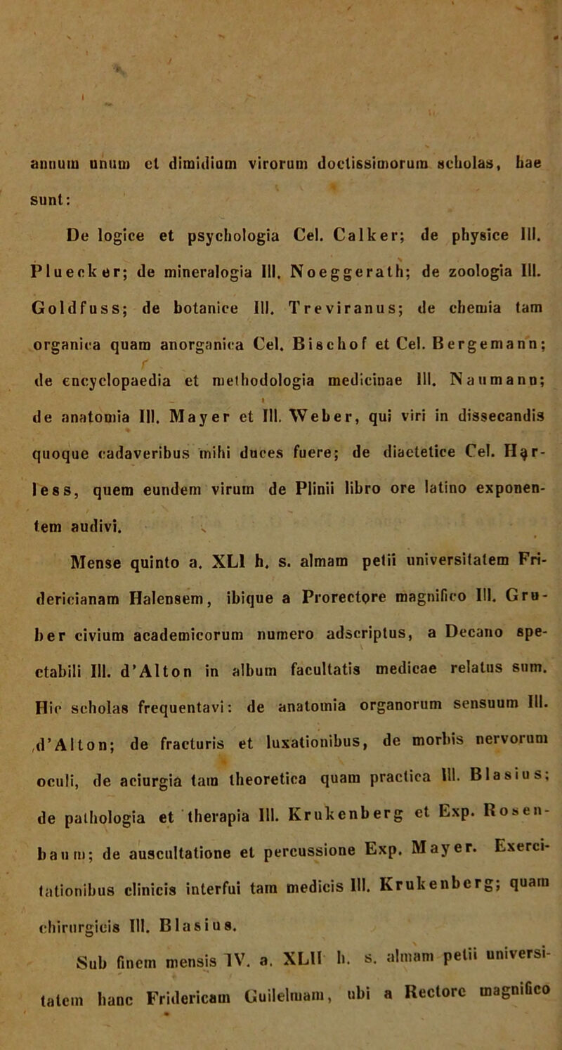annum unum cl dimidium virorum doctissimorum scholas, hae sunt: De logice et psychologia Cei. Calker; de physice 111. . > Plueoker; de mineralogia 111, Noeggerath; de zoologia 111. Goldfuss; de botanice III. Tre vir anus; de chemia tam organica quam anorganica Cei. Biachof et Cei. Bergemann; de encyclopaedia et methodologia medicinae 111. Naumann; _ I de anatomia 111, May er et III. Weber, qui viri in dissecandis quoque cadaveribus mihi duces fuere; de diaetetice Cei. H^r- less, quem eundem virum de Plinii libro ore latino exponen- tem audivi. Mense quinto a. XL1 h. s. almam petii universitatem Fri- dericianam Halensem, ibique a Prorectore magnifico III. Gru- ber civium academicorum numero adscriptus, a Decano spe- ctabili 111. d’Alton in album facultatis medicae relatus sum. Hic scholas frequentavi: de anatomia organorum sensuum III. ,d’Alton; de fracturis et luxationibus, de morbis nervorum oculi, de aciurgia tam theoretiea quam practica 111. Blasius, de pathologia et therapia 111. Krukenberg et Exp. Rosen- baiiiu; de auscultatione et percussione Exp. May er. Exerci- tationibus clinicis interfui tam medicis 111. Krukenberg; quam chirurgicis 111. Blasius. Sub finem mensis IV. a. XLII h. s. almam petii universi- tatem hanc Fridericatn Guilelmam, ubi a Rectore magniGco
