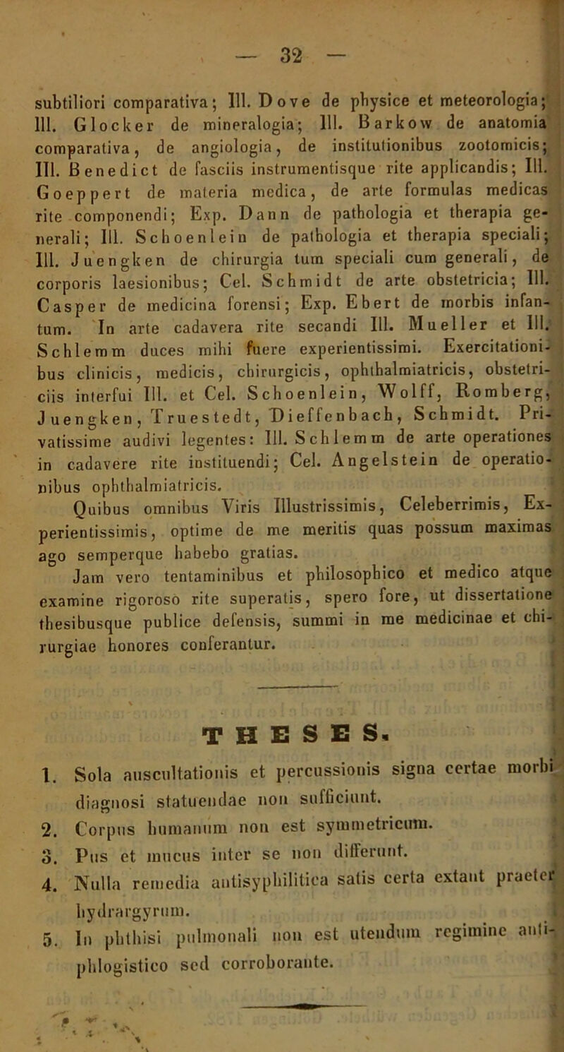 subtiliori comparativa; 111. Dove de pbysice et meteorologia; 111. Glocker de mineralogia; 111. Barkow de anatomia comparativa, de angiologia, de institulionibus zootomicis; 111. Benedict de fasciis instrumentisque rite applicandis; 111. Goeppert de materia medica, de arte formulas medicas rite componendi; Exp. Dann de pathologia et therapia ge- nerali; 111. Schoenlein de pathologia et therapia speciali; 111. Juengken de chirurgia tum speciali cum generali, de corporis laesionibus; Cei. Schmidt de arte obstetricia; 111. Casper de medicina forensi; Exp. Ebert de morbis infan- tum. In arte cadavera rite secandi 111. Mueller et III. Schl emm duces mihi fuere experientissimi. Exercitationi- bus clinicis, medicis, chirurgicis, ophthalmiatricis, obstetri- ciis interfui III. et Cei. Schoenlein, Wolff, Romberg, Juengken, Truestedt, Dieflenbach, Schmidt. Pri- vatissime audivi legentes: 111. Schl emm de arte operationes in cadavere rite instituendi; Cei. Angelstein de operatio- nibus ophthalmiatricis. Quibus omnibus Viris Illustrissimis, Celeberrimis, Ex- perientissimis, optime de me meritis quas possum maximas ago semperque habebo gratias. Jam vero tentaminibus et philosophico et medico atque examine rigoroso rite superatis, spero fore, ut dissertatione thesibusque publice defensis, summi in me medicinae et chi- rurgiae honores conferantur. THESES, 1. Sola auscultationis et percussionis signa certae morbi diagnosi statuendae non sufficiunt. 2. Corpus humanum non est symmetricum. 3. Pus et mucus inter se non differunt. 4. Nulla remedia autisyphilitica satis certa extant praeter hydrargyrum. 5. In phthisi pulmonali non est utendum regimine anli- phlogistico sed corroborante.