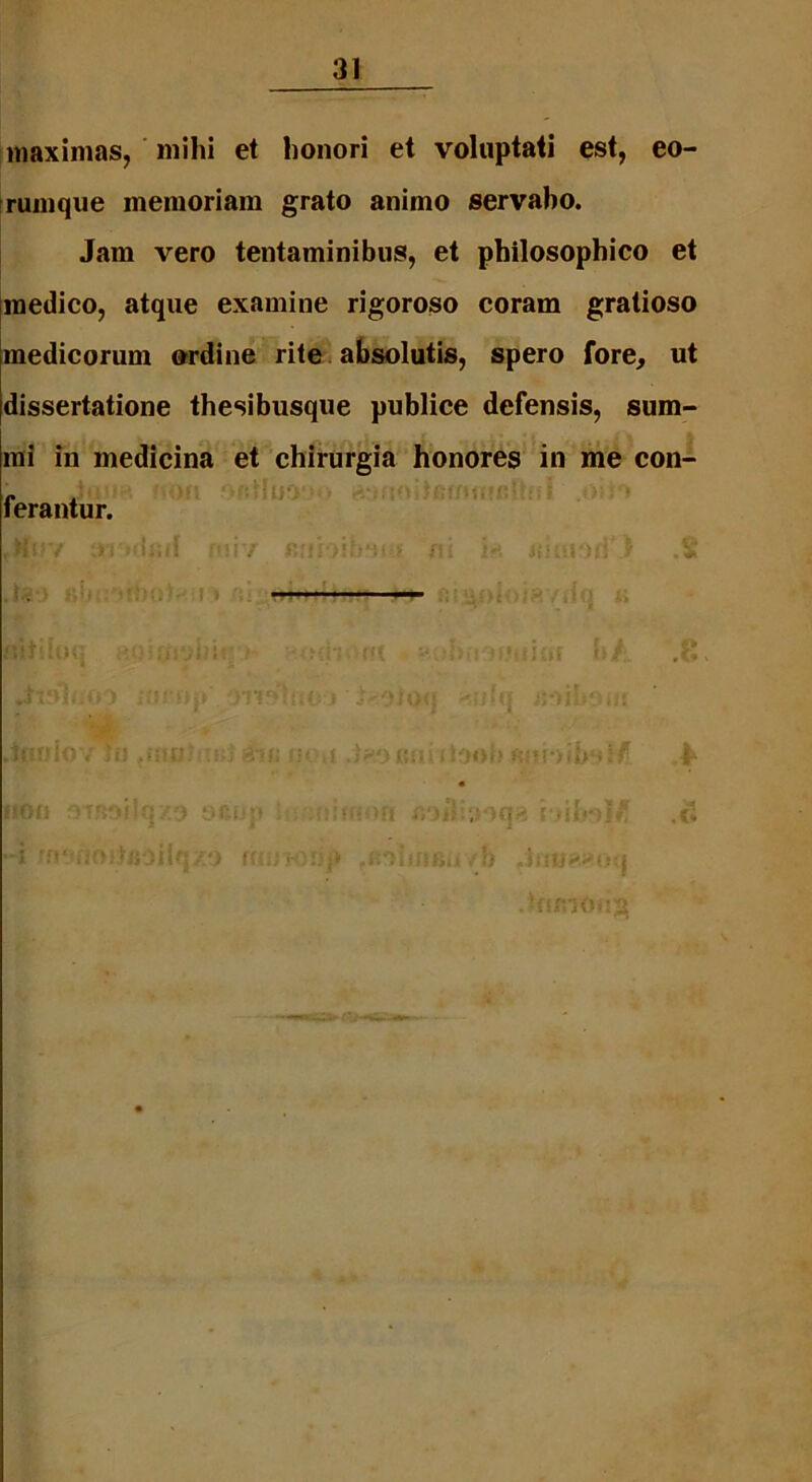 maximas, mihi et honori et voluptati est, eo- rumque memoriam grato animo servabo. Jam vero tentaminibus, et philosophico et medico, atque examine rigoroso coram gratioso medicorum ordine rite absolutis, spero fore, ut dissertatione thesibusque publice defensis, sum- mi in medicina et chirurgia honores in me con- ferantur. Mwf arndfirf rui/ f.;ir>ib*u-> ni i* i.iuiori.$ - - -