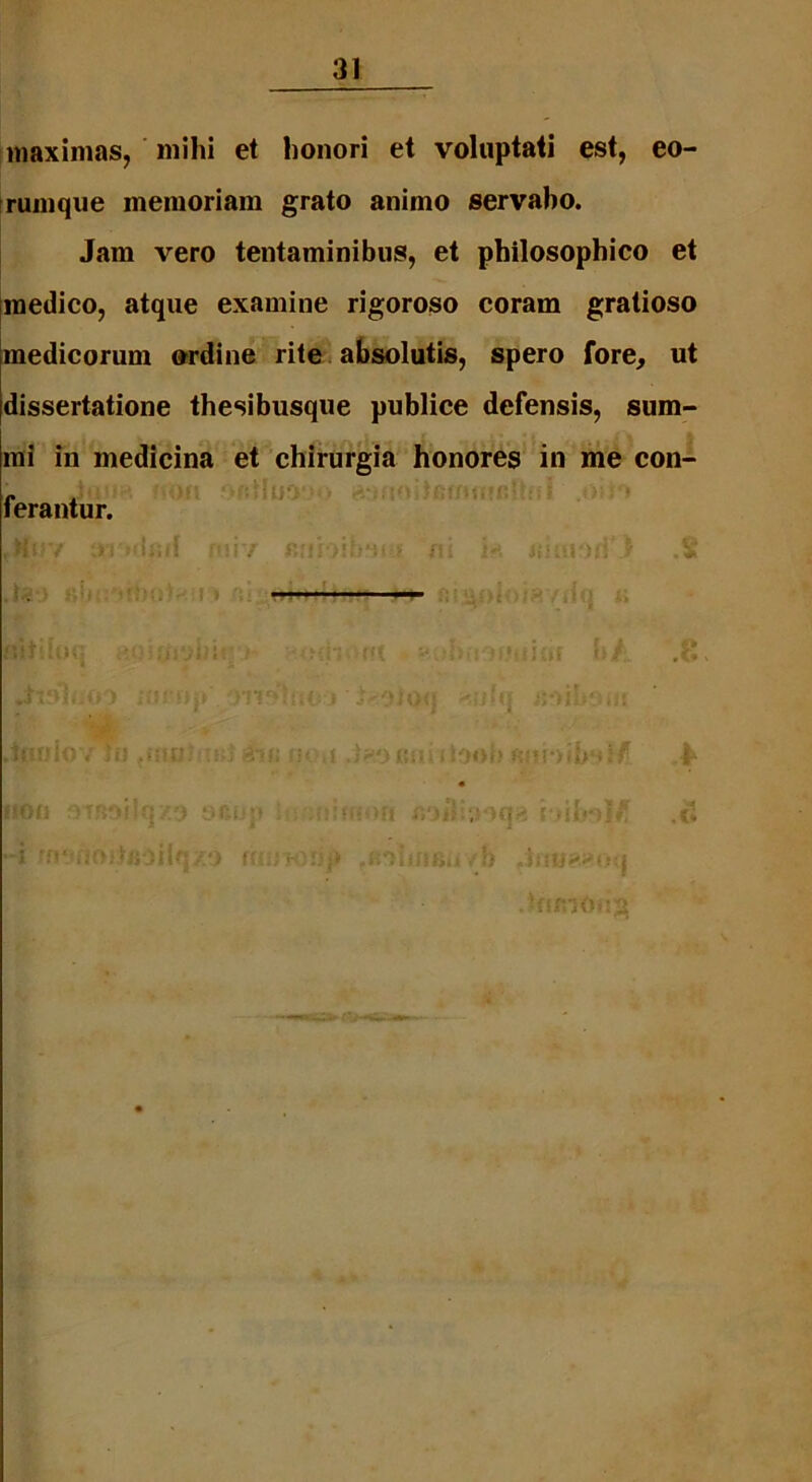 maximas, mihi et honori et voluptati est, eo- rumque memoriam grato animo servabo. Jam vero tentaminibus, et philosophico et medico, atque examine rigoroso coram gratioso medicorum ordine rite absolutis, spero fore, ut dissertatione thesibusque publice defensis, sum- mi in medicina et chirurgia honores in me con- ferantur. Mwf arndfirf rui/ f.;ir>ib*u-> ni i* i.iuiori.$ - - -