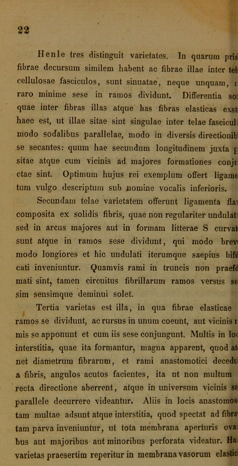 Ilenle tres distinguit varietates. In quarum prii fibrae decursum similem habent ac fibrae illae inter tel- cellulosae fasciculos, sunt sinuatae, neque unquam, i raro minime sese in ramos dividunt. Differentia so: quae inter fibras illas atque has fibras elasticas exst- haec est, ut illae sitae sint singulae inter telae fascicul modo sodalibus parallelae, modo in diversis directionib se secantes: quum hae secundum longitudinem juxta p sitae atque cum vicinis ad majores formationes conjt ctae sint. Optimum hujus rei exemplum offert ligame tum vulgo descriptum sub nomine vocalis inferioris. Secundam telae varietatem offerunt ligamenta fla-; composita ex solidis fibris, quae non regulariter undulat sed in arcus majores aut in formam litterae S curvat sunt atque in ramos sese dividunt, qui modo brev modo longiores et hic undulati iterumque saepius bifif cati inveniuntur. Quamvis rami in truncis non praeft mati sint, tamen circuitus fibrillarum ramos versus se sim sensimque deminui solet. Tertia varietas est illa, in qua fibrae elasticae ramos se dividunt, ac rursus in unum coeunt, aut vicinis i mis se apponunt et cum iis sese conjungunt. Multis in lor interstitia, quae ita formantur, magna apparent, quod at net diametrum fibrarum, et rami anastomotici decedi a fibris, angulos acutos facientes, ita ut non multum recta directione aberrent, atque in universum vicinis si- parallele decurrere videantur. Aliis in locis anastomos tam multae adsunt atque interstitia, quod spectat ad fibra tam parva inveniuntur, ut tota membrana aperturis ova bus aut majoribus aut minoribus perforata videatur. Ha varietas praesertim reperiturin membrana vasorum elastic