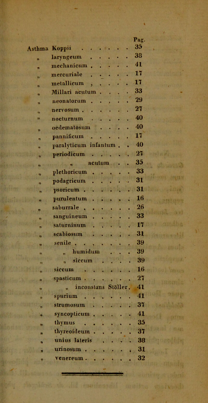 Pag. Astliina Kopjm .... ♦ • 35 n laryngeum . . . • • 38 « mechanicum . . . • 41 i» mercuriale • • 17 n metallicum , • ♦ 17 n Miliari acutum . . • 33 « neonatorum . . , ■ • 29 i> nervosum .... ' 27 » nocturnum • 40 n oedematosum . . • 40 n panniticum . . • 17 n paralyticum infantum • « 40 n periodicum . • • 27 fj „ acutum • 35 « pletlioricum . . . • 33 podagricum . . -. 31 « psoricum .... • • 31 n purulentum . . . • ♦ 16 n saburrale .... « • 26 « sanguineum . • • 33 « Saturninum « 17 n scabiosum . . . • 31 « senile • , 39 •n „ liumidum . 39 i» „ siccum ■ ■ 39 n siccum .... • • 16 n spasticum .... 27 w „ inconstans SlSller. 41 M spurium .... 41 » strumosum • 37 syncopticum , . . . 41 » thymus .... 1» thyreoideum . • • 37 n unius lateris • 38 n urinosum .... 31 w venereum .... • « 32 * v