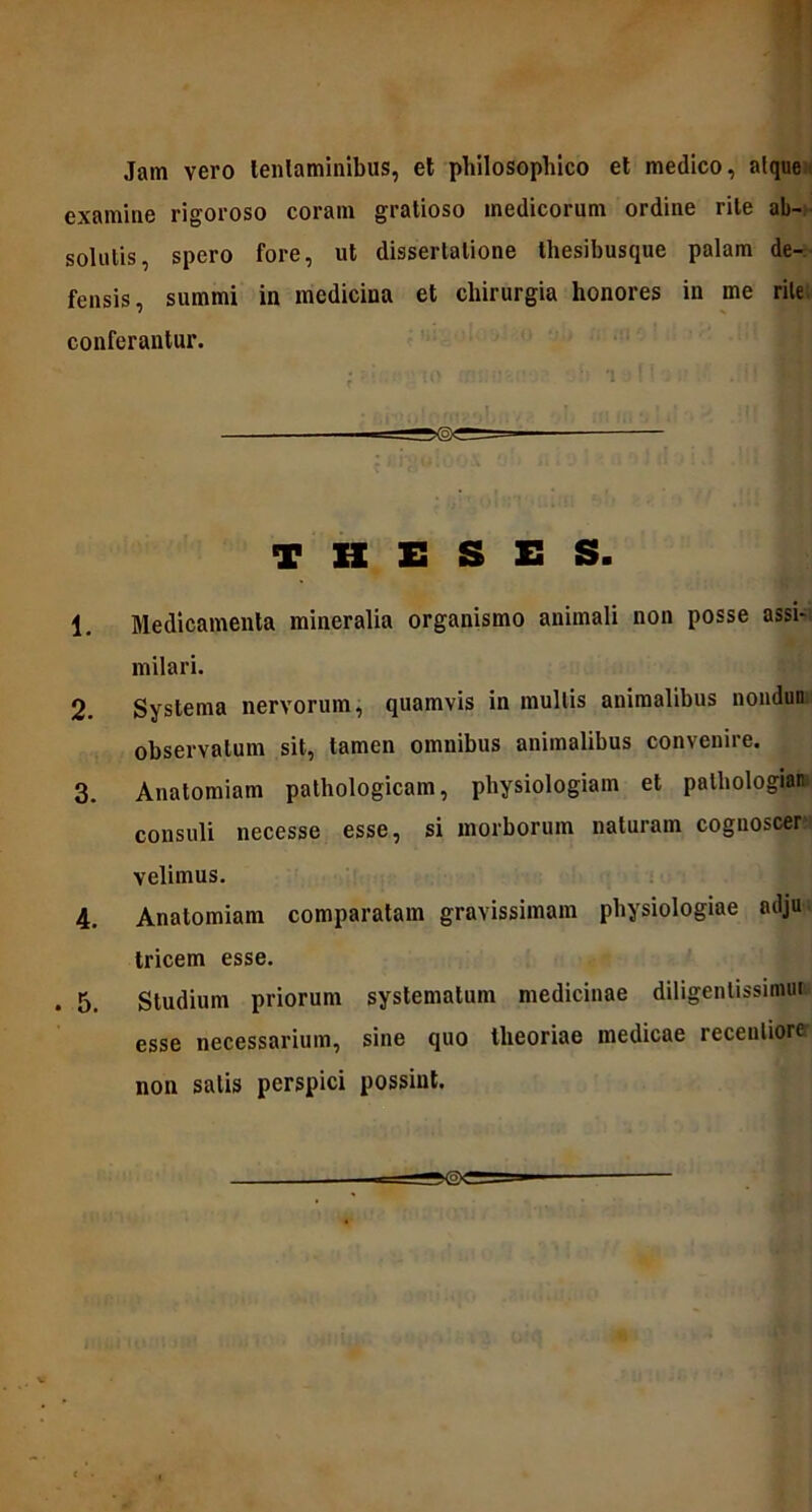 Jam vero ieniaminibus, et philosophico et medico, atque examine rigoroso coram gratioso medicorum ordine rite ab- solutis, spero fore, ut dissertatione thesibusque palam de- fensis, summi in medicina et chirurgia honores in me rite, conferantur. THESES. 1. Medicamenta mineralia organismo animali non posse assi- milari. 2. Systema nervorum, quamvis in mullis animalibus nondun observatum sit, tamen omnibus animalibus convenire. 3. Anatomiam pathologicam, physiologiam et patliologian consuli necesse esse, si morborum naturam coguoscer velimus. 4. Anatomiam comparatam gravissimam physiologiae adju tricem esse. . 5. Studium priorum systematum medicinae diligenlissimut esse necessarium, sine quo theoriae medicae receuliorer non satis perspici possint.