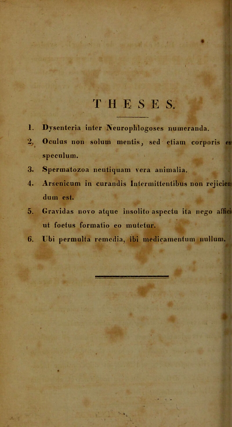 ' * N *4 , f, * I T H E S E S. _ 1. Dysenteria inter Aeuroplilogoses numeranda. 2. Oculus non solum mentis, sed etiam corporis es speculum. 3. Spermatozoa neutiquam vera animalia. 4. Arsenicum in curandis Intermittentibus non rejicien dum est. 5. Gravidas novo atque insolito aspectu ita nego affici ut foetus formatio eo mutetur.