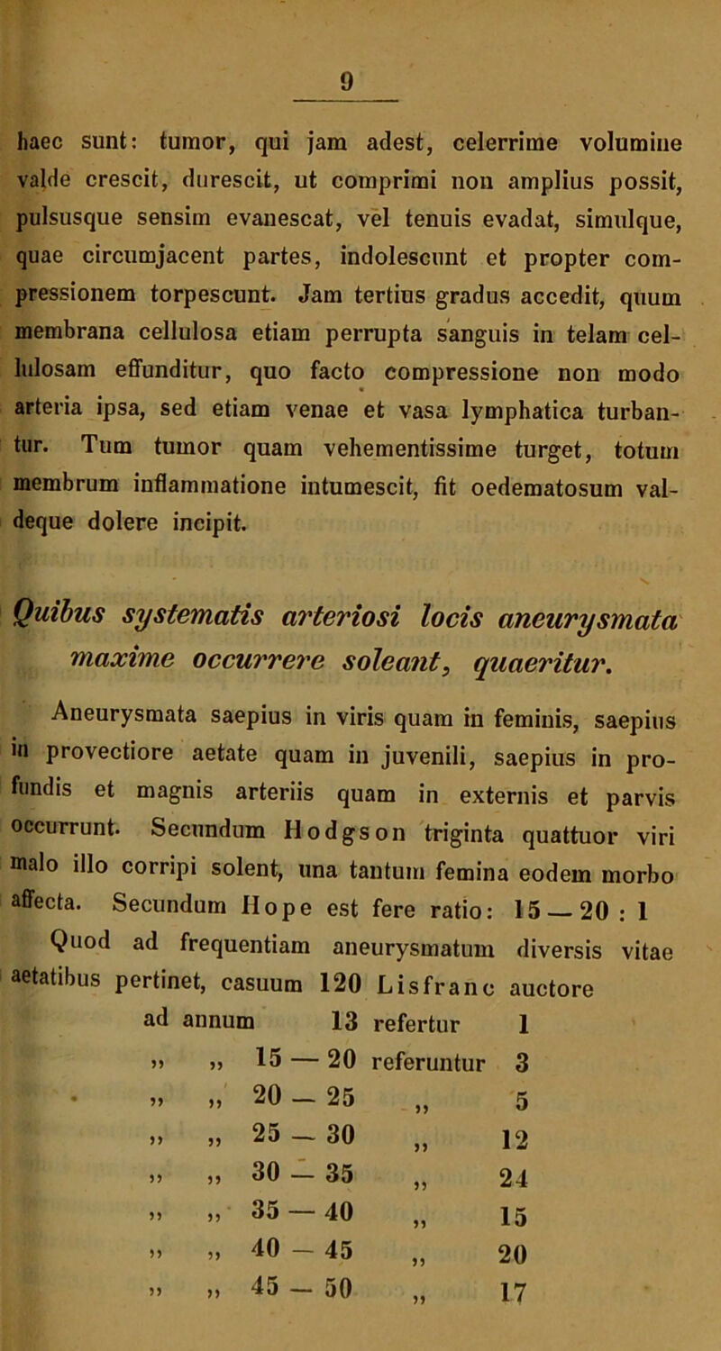 haec sunt: tumor, qui jam adest, celerrime volumine valde crescit, durescit, ut comprimi non amplius possit, pulsusque sensim evanescat, vel tenuis evadat, simulque, quae circumjacent partes, indolescunt et propter com- pressionem torpescunt. Jam tertius gradus accedit, quum membrana cellulosa etiam perrupta sanguis in telam cel- lulosam effunditur, quo facto compressione non modo arteria ipsa, sed etiam venae et vasa lymphatica turban- tur. Tum tumor quam vehementissime turget, totum membrum inflammatione intumescit, fit oedematosum val- deque dolere incipit. Quibus systematis arteriosi locis aneurysmata maxime occurrere soleant, quaeritur. Aneurysmata saepius in viris quam in feminis, saepius in provectiore aetate quam in juvenili, saepius in pro- fundis et magnis arteriis quam in externis et parvis occurrunt. Secundum Hodgson triginta quattuor viri malo illo corripi solent, una tantum femina eodem morbo affecta. Secundum Hope est fere ratio: 15 — 20 : 1 Quod ad frequentiam aneurysmatum diversis vitae aetatibus pertinet, casuum 120 Lisfranc auctore ad annum 13 refertur ,, „ 15 — 20 referuntur 1 3 5 12 24 15 20 17 „ „ 20 — 25 „ „ 25 _ 30 „ „ 30 — 35 » „ 35 — 40 » „ 40 - 45 » „ 45 - 50