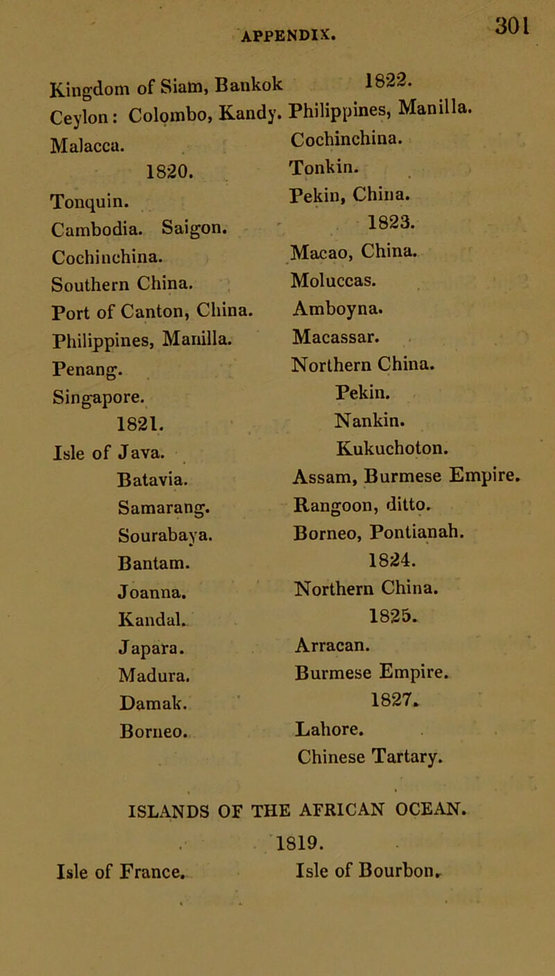 Kingdom of Siam, Bankok *822. Ceylon: Colombo, Kandy. Philippines, Manilla. Malacca. Cochinchina. 1820. Tonquin. Cambodia. Saigon. Cochinchina. Southern China. Port of Canton, China. Philippines, Manilla. Penang. Singapore. 1821. Isle of Java. Batavia. Samarang. Sourabaya. Bantam. Joanna. Kandal. Japara. Madura. Damak. Borneo. Tonkin. Pekin, China. 1823. Macao, China. Moluccas. Amboyna. Macassar. Northern China. Pekin. Nankin. Kukuchoton. Assam, Burmese Empire. Rangoon, ditto. Borneo, Pontianah. 1824. Northern China. 1825. Arracan. Burmese Empire. 1827. Lahore. Chinese Tartary. ISLANDS OF THE AFRICAN OCEAN. 1819. Isle of Bourbon. Isle of France.