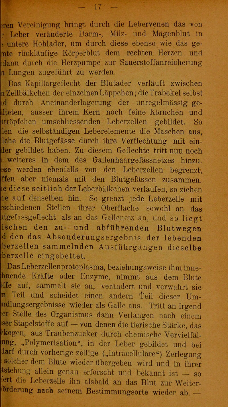 ;ren Vereinigung bringt durch die Lebervenen das von r Leber veränderte Darm-, Milz- und Magenblut in » untere Hohlader, um durch diese ebenso wie das ge- ilte rückläufige Körperblut dem rechten Herzen und idann durch die Herzpumpe zur Sauerstoffanreicherung a Lungen zugeführt zu werden. Das Kapillargeflecht der Blutader verläuft zwischen a Zellbälkchen der einzelnen Läppchen; die Trabekel selbst id durch Aneinanderlagerung der unregelmässig ge- Llteten, ausser ihrem Kern noch feine Körnchen und ttröpfchen umschliessenden Leberzellen gebildet. So len die selbständigen Leberelemente die Maschen aus, Iche die Blutgefässe durch ihre Verflechtung mit ein- der gebildet haben. Zu diesem Geflechte tritt nun noch i weiteres in dem des Gallenhaargefässnetzes hinzu. 3se werden ebenfalls von den Leberzellen begrenzt, ffen aber niemals mit den Blutgefässen zusammen, ie diese seitlich der Leberbälkchen verlaufen, so ziehen le auf denselben hin. So grenzt jede Leberzelle mit ’schiedenen Stellen ihrer Oberfläche sowohl an das ltgefiissgeflecht als an das Gallenetz an, und so liegt ischen den zu- und abführenden Blutwegen d den das Absonderungsergebnis der lebenden berzellen sammelnden Ausführgängen dieselbe berzelle eingebettet. Das Leberzellenprotoplasma, beziehungsweise ihm inne- hnende Kräfte oder Enzyme, nimmt aus dem Blute >ffe auf, sammelt sie an, verändert und verwahrt sie n Teil und scheidet einen andern teil dieser Um- ndlungsergebnisse wieder als Galle aus. Tritt an irgend er Stelle des Organismus dann Verlangen nach einem ser Stapelstoffe auf — von denen die tierische Stärke, das dtogen, aus Traubenzucker durch chemische Vervielfäl- ung, „Polymerisation“, in der Leber gebildet und bei darf durch vorherige zellige („intracellulare“) Zerlegung solcher dem Blute wieder übergeben wird und in ihrer tstehung allein genau erforscht und bekannt ist — so •j-t die Leberzelle ihn alsbald an das Blut zur Weiter- örderung nach seinem Bestimmungsorte wieder ab. —