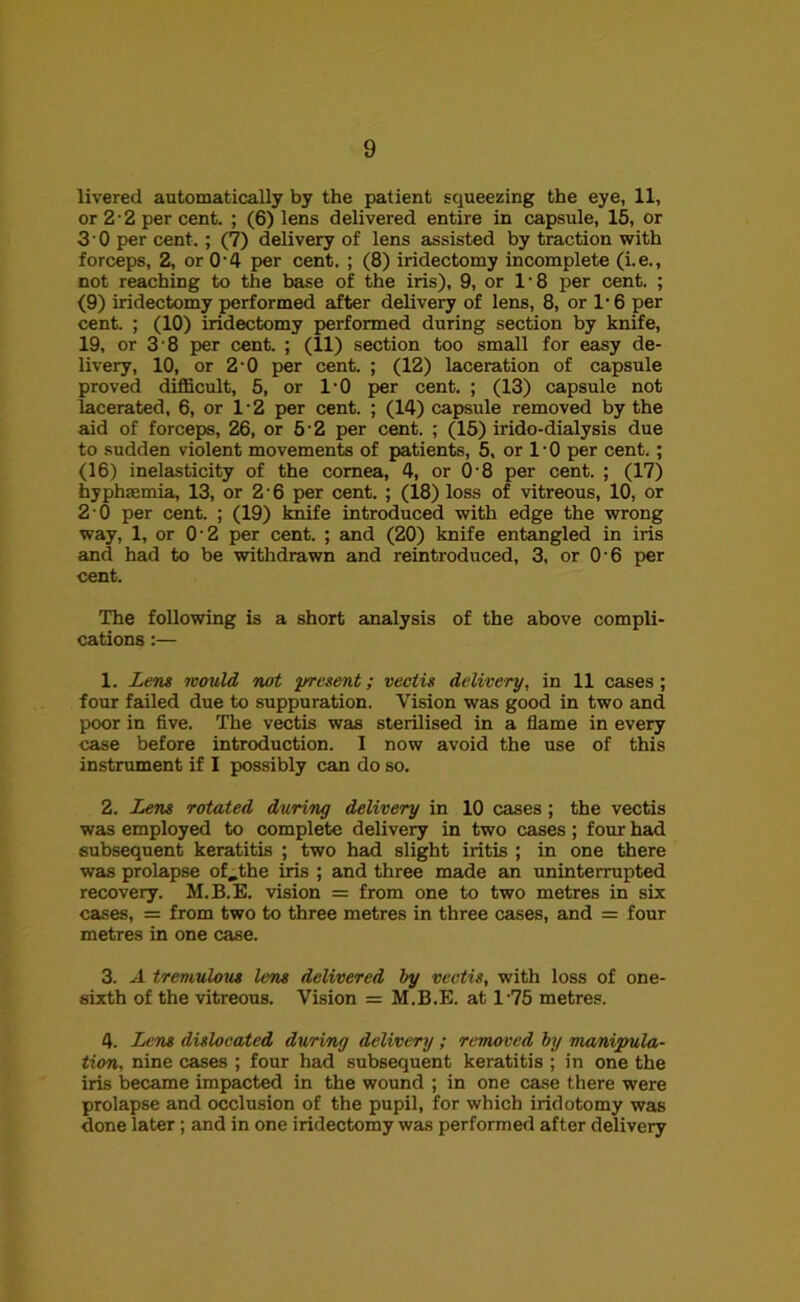 livered automatically by the patient squeezing the eye, 11, or 2-2 per cent. ; (6) lens delivered entire in capsule, 15, or 3'0 per cent.; (7) delivery of lens assisted by traction with forceps, 2, or O'4 per cent. ; (8) iridectomy incomplete (i.e., not reaching to the base of the iris), 9, or l-8 per cent. ; (9) iridectomy performed after delivery of lens, 8, or 1'6 per cent. ; (10) iridectomy performed during section by knife, 19, or 3 8 per cent. ; (11) section too small for easy de- livery, 10, or 2'0 per cent. ; (12) laceration of capsule proved difficult, 5, or l'O per cent. ; (13) capsule not lacerated, 6, or l-2 per cent. ; (14) capsule removed by the aid of forceps, 26, or 5 2 per cent. ; (15) irido-dialysis due to sudden violent movements of patients, 5, or l-0 per cent.; (16) inelasticity of the cornea, 4, or 0'8 per cent. ; (17) hyphsemia, 13, or 2'6 per cent. ; (18) loss of vitreous, 10, or 2 0 per cent. ; (19) knife introduced with edge the wrong way, 1, or O'2 per cent. ; and (20) knife entangled in iris and had to be withdrawn and reintroduced, 3, or O'6 per cent. The following is a short analysis of the above compli- cations :— 1. Lem mould not present; vectis delivery, in 11 cases; four failed due to suppuration. Vision was good in two and poor in five. The vectis was sterilised in a flame in every case before introduction. I now avoid the use of this instrument if I possibly can do so. 2. Lens rotated during delivery in 10 cases; the vectis was employed to complete delivery in two cases; four had subsequent keratitis ; two had slight iritis ; in one there was prolapse of„the iris ; and three made an uninterrupted recovery. M.B.E. vision = from one to two metres in six cases, = from two to three metres in three cases, and = four metres in one case. 3. A tremulous lem delivered by vectis, with loss of one- sixth of the vitreous. Vision = M.B.E. at 1'75 metres. 4. Lens dislocated during delivery ; removed by manipula- tion, nine cases ; four had subsequent keratitis ; in one the iris became impacted in the wound ; in one case there were prolapse and occlusion of the pupil, for which iridotomy was done later; and in one iridectomy was performed after delivery