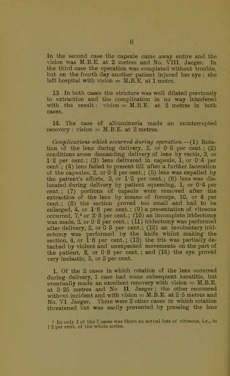 In the second case the capsule came away entire and the vision was M.B.E. at 2 metres and No. VIII. Jaeger. In the third case the operation was completed without trouble, but on the fourth day another patient injured her eye ; she left hospital with vision = M.B.E. at 1 metre. 13 In both cases the stricture was well dilated previously to extraction and the complication in no way interfered with the result: vision = M.B.E. at 2 metres in both cases. 14. The case of albuminuria made an uninterrupted recovery : vision = M.B.E. at 2 metres. Complications which occurred during operation.—(1) Rota- tion of the lens during delivery, 2, or O' 8 per cent.; (2) conditions arose demanding delivery of lens by vectis, 3, or l-2 per cent.; (3) lens delivered in capsule, 1, or 0 4 per cent.; (4) lens failed to present till after a further laceration of the capsules, 2, or 0 • 8 per cent.; (5) lens was expelled by the patient’s efforts, 3, or 1 • 2 per cent.; (6) lens was dis- located during delivery by patient squeezing, 1, or 0'4 per cent.; (7) portions of capsule were removed after the extraction of the lens by means of forceps, 10, or 4 per cent.; (8) the section proved too small and had to be enlarged, 4, or 1'6 per cent.; (9) a presentation of vitreous occurred, 7,3 or 2-8 per cent.; (10) an incomplete iridectomy was made, 2, or 0 • 8 per cent.; (11) iridectomy was performed after delivery, 2, or 0 8 per cent.; (12) an involuntary irid- ectomy was performed by the knife whilst making the section, 4, or 16 per cent.; (13) the iris was partially de- tached by violent and unexpected movements on the part of the patient, 2, or 0'8 per cent.; and (14) the eye proved very inelastic, 5, or 2 per cent. 1. Of the 2 cases in which rotation of the lens occurred during delivery, 1 case had some subsequent keratitis, but eventually made an excellent recovery with vision = M.B.E. at 3 25 metres and No II. Jaeger; the other recovered without incident and with vision = M.B.E. at 2 5 metres and No. VI. Jaeger. There were 2 other cases in which rotation threatened but was easily prevented by pressing the lens 3 In only 3 of the 7 cases was there an actual loss of vitreous, i.e., in 1'2 per cent, of the whole series.