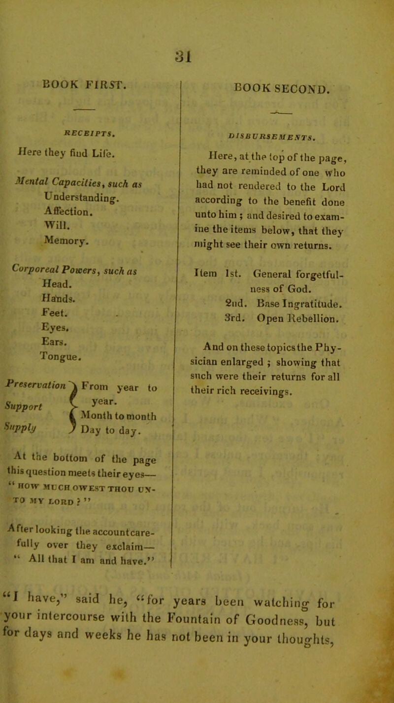 BOOK FIRST. RECEIPTS. Here they fiud Lite. Mental Capacities, such as Understanding-. Affection. Will. Memory. Corporeal Powers, such as Head. Hands. Feet. Eyes. Ears. Tongue. Preservation' Support Supply From year to year. Month to month Day to day. At the bottom of the page this question meets their eyes— 44 HOW MUCH OWEST THOU UN- TO MY LORD ? ” BOOK SECOND. disbursements. Here, at the top of the page, they are reminded of one who had not rendered to the Lord according to the benefit done unto him ; and desired to exam- ine the items below, that they might see their own returns. Item 1st. General forgetful- ness of God. 2nd. Base Ingratitude. 3rd. Open Rebellion. And on these topics the Phy- sician enlarged ; showing that such were their returns for all their rich receivings. After looking the accountcare- fully over they exclaim— “ All that I am and have.” “I have,” said he, “for years been watching for your intercourse with the Fountain of Goodness^ but for days and weeks he has not been in your thoughts,