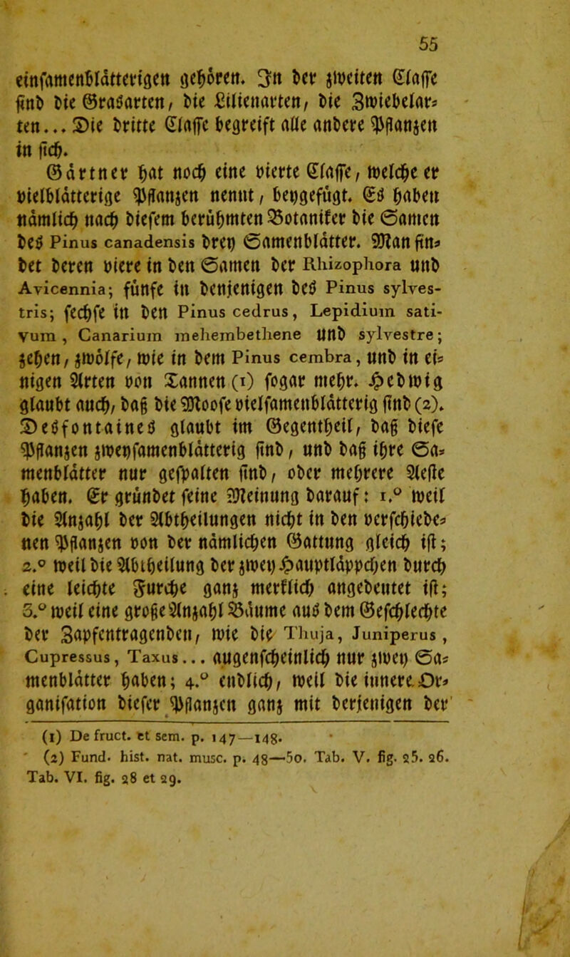 einfamenBIättertgen gehören. 3n Bet* weiten Stoffe Bie ©raöarten, Me £ilienarten, Bie 3tviebelatr= ten... Sie Britte Stoffe Begreift alle anBere ^ftonjen in ftch. ©ärmer h«t noch eine vierte Stoffe, welche er bielBlätterige ^ftonjen nennt, Bepgefügt. Sd höben nämlich nach Biefem Berühmten 23otanifer Bie ©amen Be$ Pinus canadensis Brei) ©amenblätter. 9)?anftna Bet Beren Piere in Ben ©amen Bcr Rhizophora unB Ayicennia; füttfe itt denjenigen Bcö Pinus sylves- tris; fedBfe in Ben Pinus cedrus, Lepidium sati- vum, Canarium mehembethene UnB sylvestre; Seifen, jmolfe, wie in Bein Pinus cembra, nnB in ei* nigen Ärten non Sannen (i) fogar mehr. JpcBwig glaubt auch, Bag Bie SDtoofe pielfametiBlätterig ftnB (2). Seöfontainetf glaubt im ©egentheil, Bag Biefe ^Jftonjen jmenfamenbldtterig ftnB, nnB Bag ihre ©a* menbldtter nur gehalten ünB, oBcr mehrere Stelle Baben. Sr grünBet feine ?Jleinung darauf: i.° meil Bie 2lnjaf)l Ber Abteilungen nicht in Ben ncrfchieBc* nen^pan&en »an Ber nämlichen ©attung gleich tfl; 2. ° roeil die Abtheilung Bersmetf^auptläppchen Burch eine leichte furche ganj merflich angeBeutet ifl; 3. ° weil eine groge Anjahl ^autne autf Bern ©efcfflechte Ber SupfcntragenBen, wie Bie-'Thuja, Juniperus, Cupressus, Taxus... augenfchcinlich nur Jipet) ©a« menblätter höben; 4.ü euBlich, weil Bie innere.Or» ganifation Biefer ^panjett ganj mit Beteiligen Ber (1) De fruct. et sem. p. i 47—14S- (2) Fund. hist. nat. musc. p. 48—5o. Tab. V. fig. 25. 26. Tab. VI. fig. 28 et 29.