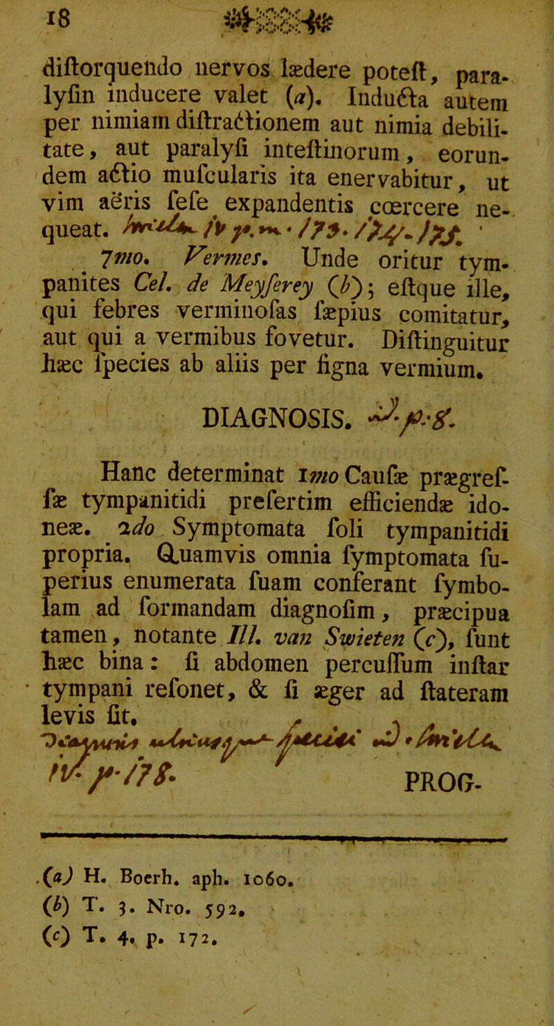 diftorquendo nervos ludere poteft, para- lyfm inducere valet (a), Indufta autem per nimiam diftradionem aut nimia debili- tate, aut paralyfi inteftinorum, eorun- dem a61:io mufcularis ita enervabitur, ut vim aeris fefe expandentis coercere ne- queat. ' ‘jmo. Vermes, Unde oritur tym- panites Cei. de Meyferey Q?'); eftque ille, qui febres verminofas fepius comitatur, aut qui a vermibus fovetur. Diftinguitur Jijec fpecies ab aliis per ligna vermium. Hanc determinat ijwoCaufae prsegref- fas tyrapanitidi prefertim efficiendje ido- nea. 'ido Symptomata foli tympanitidi propria. GLuamvis omnia fymptomata fu- perius enumerata fuam conferant fymbo- lam ad formandam diagnofim, praecipua tamen, notante ///. va?! Swieten Qd), funt haec bina: fi abdomen percuiliim inftar tympani refonet, & fi jcger ad ftateram levis fit DIAGNOSIS, m .(ji) H. Boerh. aph. 1060. (^) T. 3. Nro. 592, (0 T. 4. p. 172.