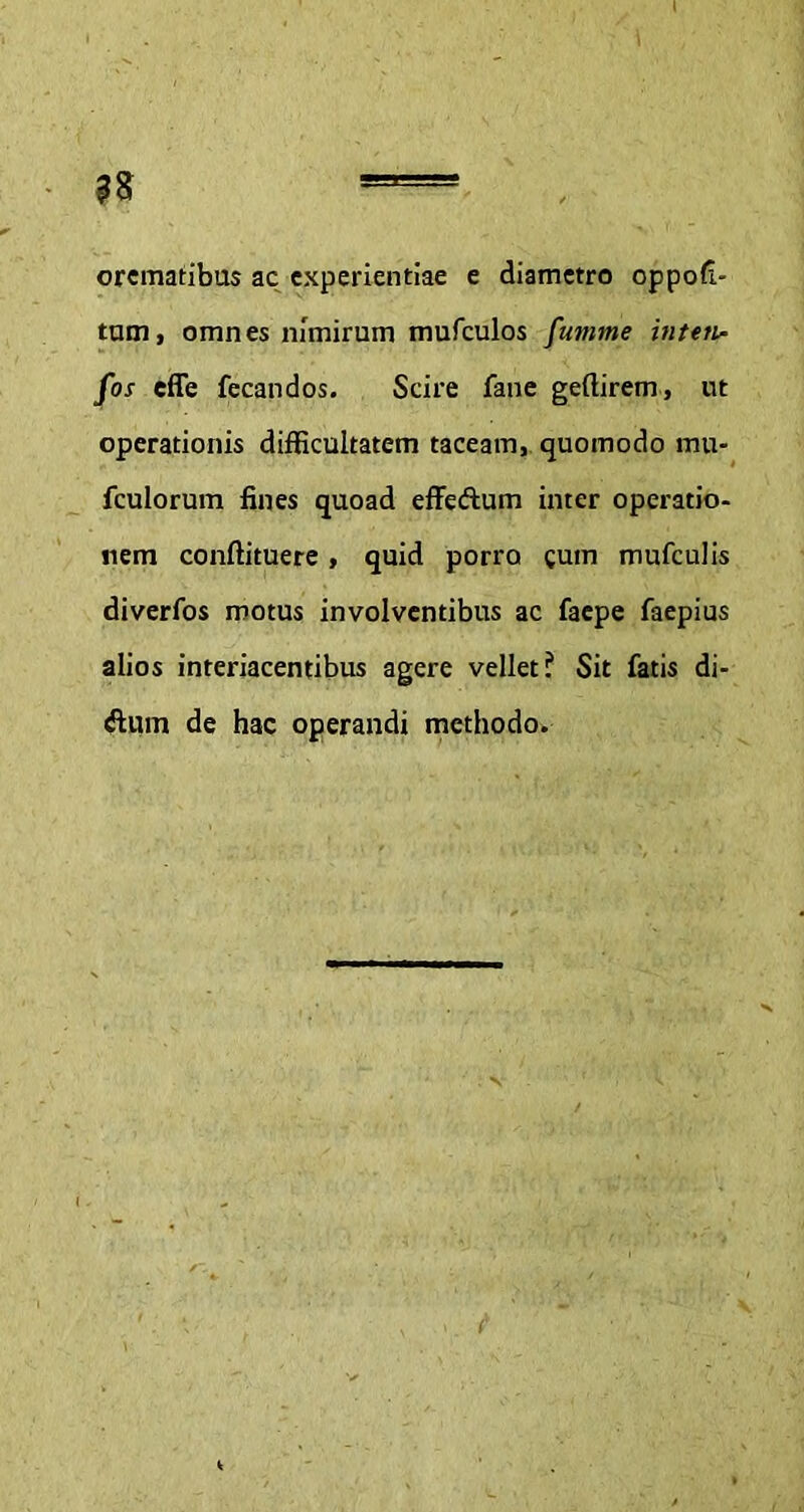 orematibus ac experientiae e diametro oppod- tum, omnes nimirum mufculos fumme inten• fos effe fecandos. Scire fane geftirem, ut operationis difficultatem taceam, quomodo mu* fculorum fines quoad effeftum inter operatio- nem conftituere, quid porro gum mufculis diverfos motus involventibus ac faepe faepius alios interiacentibus agere vellet? Sit fatis di- ftum de hac operandi methodo.