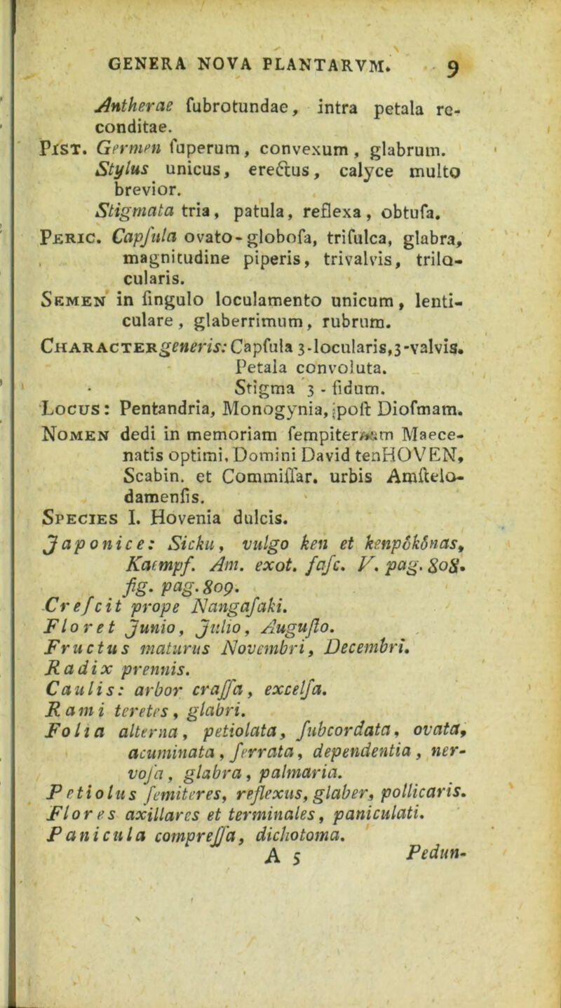 yjntherae fubrotundae, intra petala re- conditae. PXST. Gfrmm fuperum, conve.xum, glabrum. Stylus unicus, ereftus, calyce multo brevior. Stigmata tria, patula, reflexa , obtufa. Peric. Capjula ovato-globofa, trifulca, glabra, magnitudine piperis, trivalvis, trilo- cularis. Semen in fingulo loculamento unicum, lenti- culare, glaberrimum, rubrum. CHARACTER^^wmV.-Capfula 3.1ocularis,3-valvis. Petala convoluta. Stigma 3 - fidum. Locus: Pentandria, Monogynia,jport DIofmam. Nomen dedi in memoriam fempiterMim Maece- natis optimi. Domini David tenHOV^EN, Scabin. et Commiflar. urbis Amilela- damenfls. Species I. Hovenia dulcis. Japonice: Sickuj vulgo ken et kenpSkSnas, Kattnpf. Ant. exot. fafc, F. pag. SoS» fig' P^g' S09. Crefeit prope Nangafaki. Floret Junio, Julio, Augujlo. Fructus maturus Novembri, Decembri, Radix prennis. Caulis: arbor crajfa, excelja, R a m i teretes, glabri. Folia alterna, petiolata, fubcordata, ovata, acuminata , ferrata, dependentia, ner- vofa, glabra, palmaria. Petiolus femiteres, reflexus, glaber, pollicaris. Flores axillares et terminales, paniculati. Panicula comprejla, dicliotoma. ' A 5 Pedun-