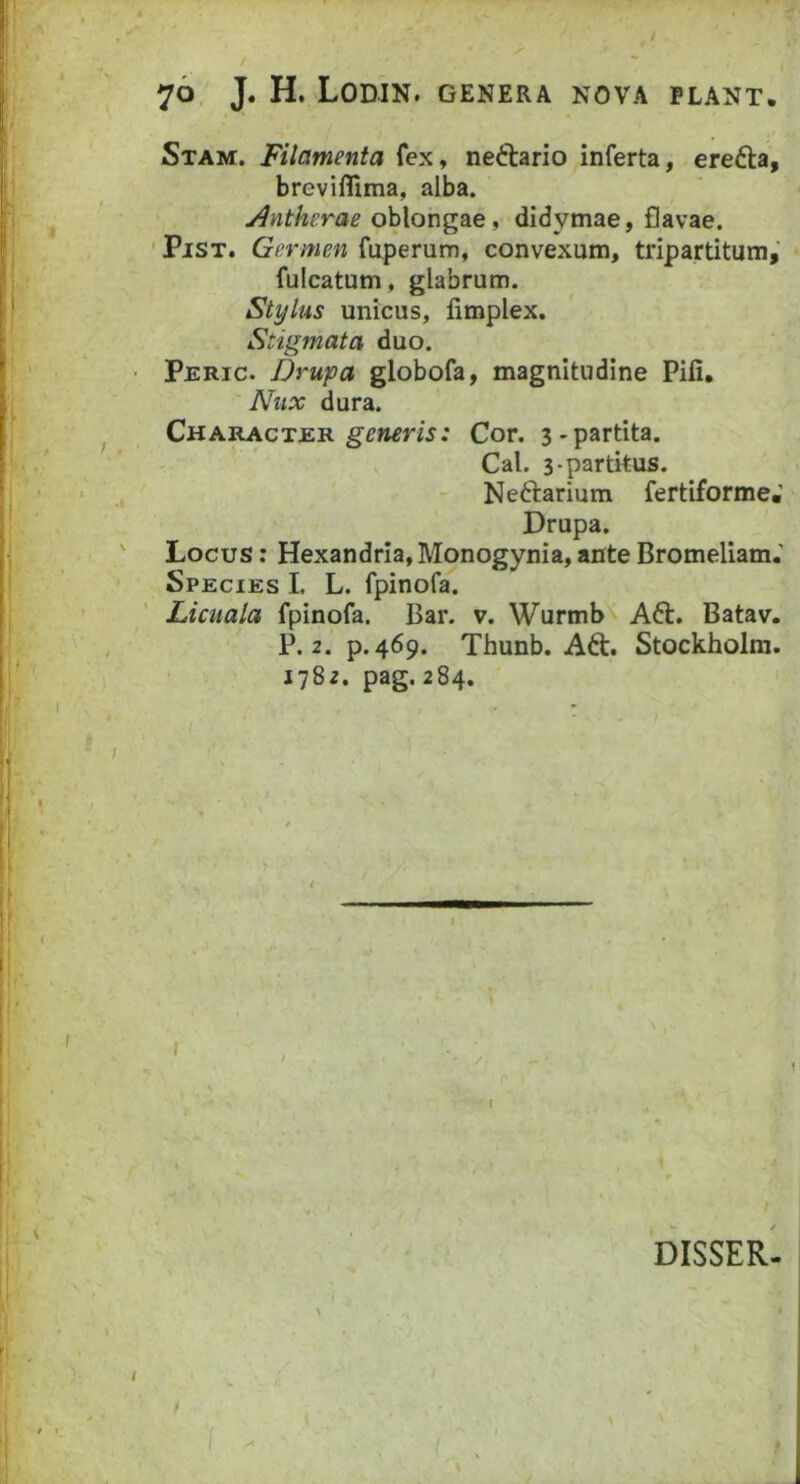 Stam. Filamenta fex, neftario inferta, erefta, breviflTima, alba. oblongae, didymae, flavae. ' PiST. Germen fuperum, convexum, tripartitum,' fulcatum , glabrum. Stylus unicus, limplex. Stigmata duo. Peric. Drupa globofa, magnitudine Pifi, Niix dura. Character Cor. 3.partita. Cal. 3-partitus. Neftarium fertiforme. Drupa. Locus; Hexandria, Monogynia, ante Bromeliam.’ Species I, L. fpinofa. Licuala fpinofa. Bar. v. Wurmb A61. Batav. P. 2. p. 469. Thunb. Adt. Stockholra. 178^. pag. 284. DISSER.