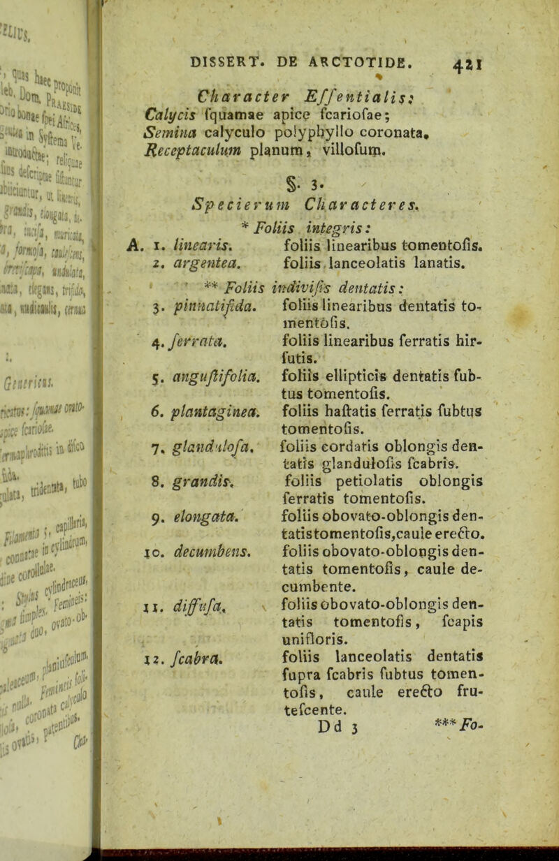DISSERT. DE ARCTOTIDE. 4JI % * Character Effentialisi Calycis fquamae apice rcariofae; Semina calyculo polypbyllo coronata. Receptaculum planum, villofurp. §• 3. Specierum Characteres^ * Foliis integris: . I. linearis. foliis linearibus tomentofis. 2, argentea. foliis,lanceolatis lanatis. ' ** Foliis indivifis dentatis: 3. pinnati^ida. ferrata. 5. angujlifolia. 6. plantaginea. 7. gland'dofa. 8. grandis. 9. elongata. 10. decumbens. 11. diffiifa. \ I » 12. fcabra. foliis linearibus dentatis to- ment6fis. foliis linearibus ferratis hir- futis. foliis ellipticis dentatis fub- tus tomentofis. foliis haftatis ferratis fubtus tomentofis. foliis cordatis oblongis den- tatis glandulofis fcabris. foliis petiolatis oblongis ferratis tomentofis. foliis obovato-oblongis den- tatis tomentofis,caule erefto. foliis obovato-oblongis den- tatis tomentofis, caule de- cumbente. foliis obovato-oblongis den- tatis tomentofis, fcapis unifloris. foliis lanceolatis dentatis fupra fcabris fubtus tomen- tofis, caule erefto fru- tefcente. Dd 3 *** Fo-