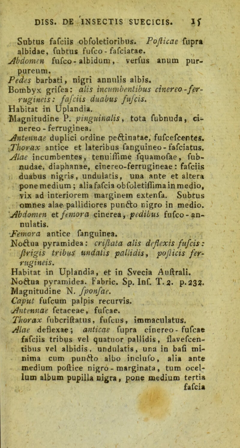 Subtus fafciis obfoletioribus. Pojiicae fupra albidae, fubtus fufco - fafciatae. Jlbdonien fufco-albidum, verfus anum pur- pureum. Pedes barbati, nigri annulis albis. Bombyx grifea: alis incumbentibus cinereo - fer- rugineis: fafciis duabus fufcis. Habitat in Uplandia. Magnitudine P. pinguinalis, tota fubnuda, ci- nereo - ferruginea. j^ntennae duplici ordine peftinatae, fufcefcentes. Thorax antice et lateribus fanguineo-fafciatus, Alae incumbentes, tenuilTime fquamofae, fub- nudae, diaphanae, cinereo-ferrugineae: fafciis duabus nigris, undulatis, una ante et altera pone medium; alia fafcia obfoletiflTima in medio, vix ad interiorem marginem extenfa. Subtus omnes alae pallidiores punfto nigro in medio. “Abdomen femora cinerea, pedibus fufco-an- nulatis. ‘Femora antice fanguinea. Noftua pyramidea: crijiata alis deflexis fufcis: flrigis tribus undatis pallidis ^ poflicis fer- rugineis. Habitat in Uplandia, et in Svecia Auftrali. Nottua pyramidea. Fabric. Sp. Inf. T. 3. p. 232. Magnitudine N. fponfae. Caput fufcum palpis recurvis. Antennae fetaceae, fufcae. Thorax fubcriftatus, fufcus, immaculatus. Alae deflexae; anticae fupra cinereo - fufcae fafciis tribps vel quatiior pallidis, flavefcen- tibus vel albidis, undulatis, una in bali mi- nima cum pun6to albo inclufo, alia ante medium poftice nigro - marginata, tum ocel- lum album pupilla nigra, pone medium tertia fafcia