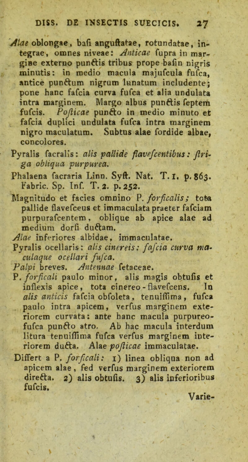 'Alae o\>\or\g%e, bafl anguftatae, rotundatae, in- tegrae, omnes niveae: Anticae fupra in mar- gine externo punftis tribus prope bafin nigris minutis: in medio macula majiifcula fufca, antice punftum nigrum lunatum includente; pone hanc fafcia curva fufca et alia undulata intra marginem. Margo albus punftis feptem fufcis. Pojlicae pun^o in medio minuto et fafcia duplici undulata fufca intra marginem nigro maculatum. Subtus alae fordide albae, concolores. Pyralis facralis: alis pallide flavefcentibus: jlri- ga obliqua purpurea. Phalaena facraria Linn. Syft. Nat. T. I, p. 863. Fabric. Sp. Inf. T. 2. p. 252. Magnitudo et facies omnino V. forficalis; tota pallide flavefceus et immaculata praeter fafciam purpurafcentem, oblique ab apice alae ad medium dorfi duftam. Alae inferiores albidae, immaculatae. Pyralis ocellaris; alis cinereis: fafcia curva ma- culaque ocellari fufca. Palpi breves. Antennae fetaceae. V. forficali paulo minor, alis magis obtufis et inflexis apice, tota cinereo - flavefcens. In alis anticis fafcia obfoleta, tenuiflima, fufca paulo intra apicem, verfus marginem exte- riorem curvata: ante hanc macula purpureo- fufca pun6to atro. Ab hac macula interdum litura tenuiflima fufca verfus marginem inte- riorem dufta. Alae pojlicae immaculatae. Differt a P. forficali: i) linea obliqua non ad apicem alae , fed verfus marginem exteriorem direfta. 2) alis obtufis. 3) alis inferioribus fufcis. Varie-