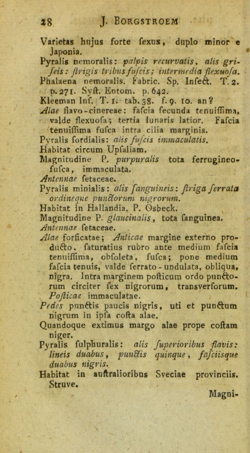 Varietas hujus forte fexos, duplo minor e Japonia. Pyralis nemoralis: palpis recurvatis, alis gru /eis: jirigis tribusfufcis; intermedia flexuoja, Phalaena nemoralis. Kabric. Sp. Infeft. T. 2. p. 271. Syft. Entom. p. 642. Kleeman Inf. T. I. tab. 38* f* 9- lo. an? Alae flavo-cinereae: fafcia fecunda tenuiflima, valde flexuofa; terfia lunaris latior. Fafcia tenuilTima fufca intra cilia marginis. Pyralis fordialis: alis fuf cis immaculatis. Habitat circum Upfaliam. Magnitudine P. purpuralis tota ferrugineo- fufca, immaculata. Antennae fetaceae. Pyralis minialis: alis [anguineis i /triga ferrata ordineque punSoriini nigrorum. Habitat in Hallandia. P. Gsbeck. Magnitudine P- glaucinalis 3 tota fanguinea. Antennae, fetaceae. Alae forficatae; Anticae margine externo pro- dufto, faturatius rubro ante medium fafcia tenuiffima, obfoleta, fufca; pone medium fafcia tenuis, valde ferrato - undulata, obliqua, nigra. Intra marginem pofticum ordo punfto- rum circiter fex nigrorum, transverforum, Pofticae immaculatae. Pedes punftis paucis nigris, uti et punftum nigrum in ipfa cofta alae. Quandoque extimus margo alae prope collam niger. Pyralis fulpfauralis; alis fuperioribus flavis: lineis duabus, pungis quinque, fafciisqiie duabus nigris. Habitat in auftralioribns Sveciae provinciis. Struve. MagnU