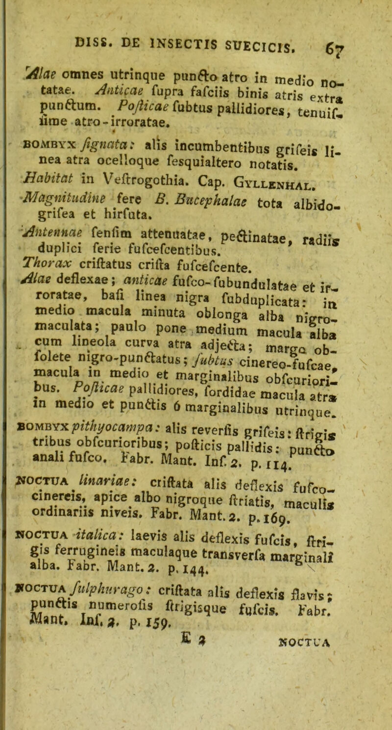 Alae omnes utrinqne punfto atro in medio no- tatae. Anticae fupra fafciis binis atris extra punftum. Pojiicae fubtus pallidiores, tenuif iime atro - irroratae. BOMBYXalis incumbentibus grifeis li- nea atra ocelloque fesquialtero notatis. Habitat in V^^ftrogothia. Cap. Gyllknhai.. ■Magnitudine fere B. Bucephalae tota albido- grifea et hirfuta. ■internae fenAm attemtatae, pefiinatae, radiis duplici ferie fufcefcentibus. Thorax criftatus crifta fufcefcente. Alae deflexae; anticae fufco-fubundulatae et ir roratae, baf. linp „ig„ fobdaplicata: T» medto macula minuta oblonga alba ni^ro maculata; paulo pone medium macula !lba .. cum lineola curva atra adjecta; marga ob- folete nigro-punftatus;y«te cinereo-fufeae macula in medio et marginalibus obfcurioril bus. Pojhcae pallidiores, fordidae macula atr» in medio et punitis 6 marginalibus utrinque. BOMBYX alis reverlis grifeis; ftrigi* ' tribus obfcunqri^bus; pofticis pallidis: punL •nahfufco. babr. Mant. Inf.2. p. U4. VocrvK Unariae: criftata alis deflexis fufeo- cinereis, apice albo nigroque ftriatis, maculi» ordinariis niveis. Fabr. Mant. 2. p.169. NOCTUA italica: laevis alis deflexis fufeis, ftri- gis ferrugineis maculaque transverfa marginali alba. banr. Mant. 2. p. 144. ^ ' wocrvA/ulphm-ago; criftata alis deflexis flavis; punft's Bumerofts fltigisque fqfcis. Fabr. Mant. Ifti, 2, p. 159. NOCTUA