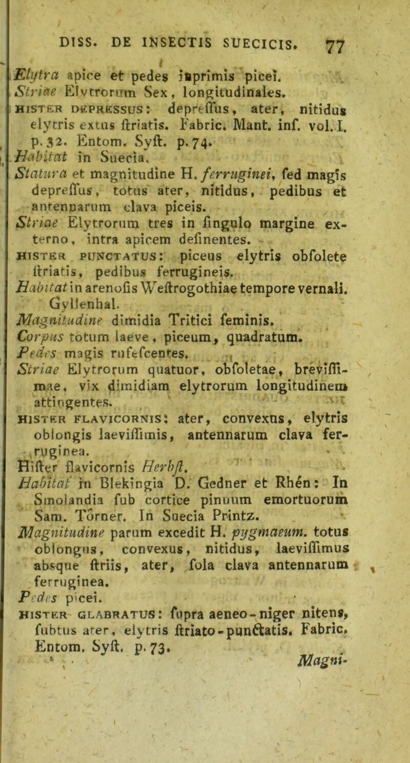 I Elytra apice et pedes isprimis picei. Striae Elvcromm Sex, longitudinales. HISTER depressus: depreflus, ater, nitidus elytris extus ftriatis. Fabric. Mant. inf. vol. I. p. J2. Entom. Syft. p. 74. Habitat in Suecia, Statura et magnitudine ferruginei^ fed magis deprelTus, totus ater, nitidus, pedibus et antennarum clava piceis. Striae Elytrorum tres in lingulo margine ex- terno. intra apicem definentes. HISTER punctatus: piceus elytris obfolete Itriatis, pedibus ferrugineis. Habitatm arenofis Weftrogothiae tempore vernali. Gyllenhal. '* Magnitudine dimidia Tritici feminis. Corpus totum laeve, piceum, quadratum. Pedes magis ruftfcentes. .( Striae Elytrorum quatuor, obfoletae, breyllTi- mae, vix dimidiam elytrorum longitudinem attingentes. ' - HISTER FLAVicoRNis; ater, convexus, elytris oblongis laevilTimis, antennarum clava fer- .ruginea. Hifter flavicomis Herhjl. Habitat' iti Blekingia D. Gedner et Rhen: In Smolandia fub cortice pinuum emortuorum Sam. Torner. In Suecia Printz. Magnitudine parum excedit H. pygmaeum. totus oblongus, convexus, nitidus, laevifllmus absque ftriis, ater, fola clava antennarum , ferruginea. Pedrs picei. HISTER GLABRATUs: fopra aenco-nigcc nitetts, fubtus arer, elytris ftriato-punftatis, Fabric. Entom, Syft, p. 73. ‘ , Magni- f