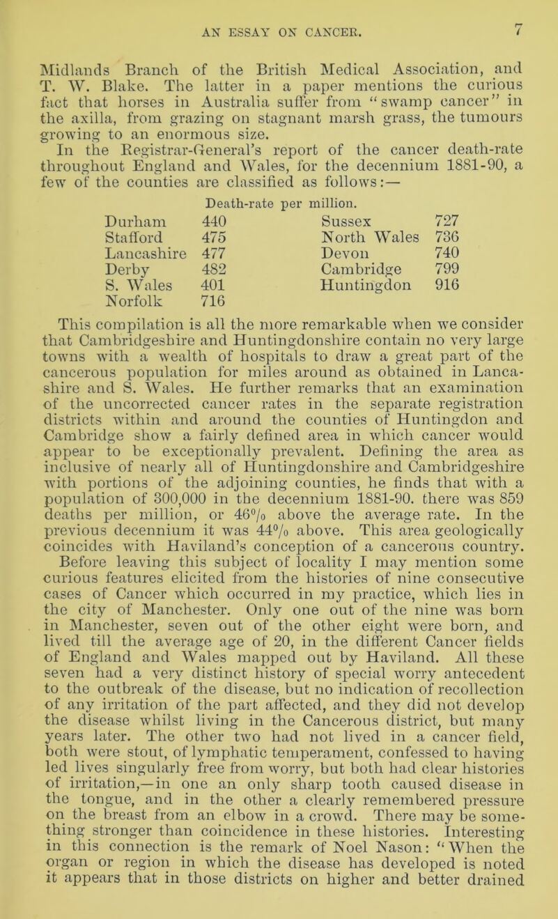 Midlands Branch of the British Medical Association, and T. W. Blake. The latter in a paper mentions the curious fact that horses in Australia suffer from “swamp cancer” in the axilla, from grazing on stagnant marsh grass, the tumours growing to an enormous size. In the Registrar-General’s report of the cancer death-rate throughout England and Wales, for the decennium 1881-90, a few of the counties are classified ; as follows:— Death-rate per million. Durham 440 Sussex 727 Stafford 475 North Wales 736 Lancashire 477 Devon 740 Derby 482 Cambridge 799 S. Wales 401 Huntingdon 916 Norfolk 716 This compilation is all the more remarkable when we consider that Cambridgeshire and Huntingdonshire contain no very large towns with a wealth of hospitals to draw a great part of the cancerous population for miles around as obtained in Lanca- shire and S. Wales. He further remarks that an examination of the uncorrected cancer rates in the separate registration districts within and around the counties of Huntingdon and Cambridge show a fairly defined area in which cancer would appear to be exceptionally prevalent. Defining the area as inclusive of nearly all of Huntingdonshire and Cambridgeshire with portions of the adjoining counties, he finds that with a population of 800,000 in the decennium 1881-90. there was 859 deaths per million, or 46°/o above the average rate. In the previous decennium it was 44% above. This area geologically coincides with Haviland’s conception of a cancerous country. Before leaving this subject of locality I may mention some curious features elicited from the histories of nine consecutive cases of Cancer which occurred in my practice, which lies in the city of Manchester. Only one out of the nine was born in Manchester, seven out of the other eight were born, and lived till the average age of 20, in the different Cancer fields of England and Wales mapped out by Haviland. All these seven had a very distinct history of special worry antecedent to the outbreak of the disease, but no indication of recollection of any irritation of the part affected, and they did not develop the disease whilst living in the Cancerous district, but many years later. The other two had not lived in a cancer field, both were stout, of lymphatic temperament, confessed to having led lives singularly free from worry, but both had clear histories of irritation,—in one an only sharp tooth caused disease in the tongue, and in the other a clearly remembered pressure on the breast from an elbow in a crowd. There may be some- thing stronger than coincidence in these histories. Interesting in this connection is the remark of Noel Nason: “When the organ or region in which the disease has developed is noted it appears that in those districts on higher and better drained