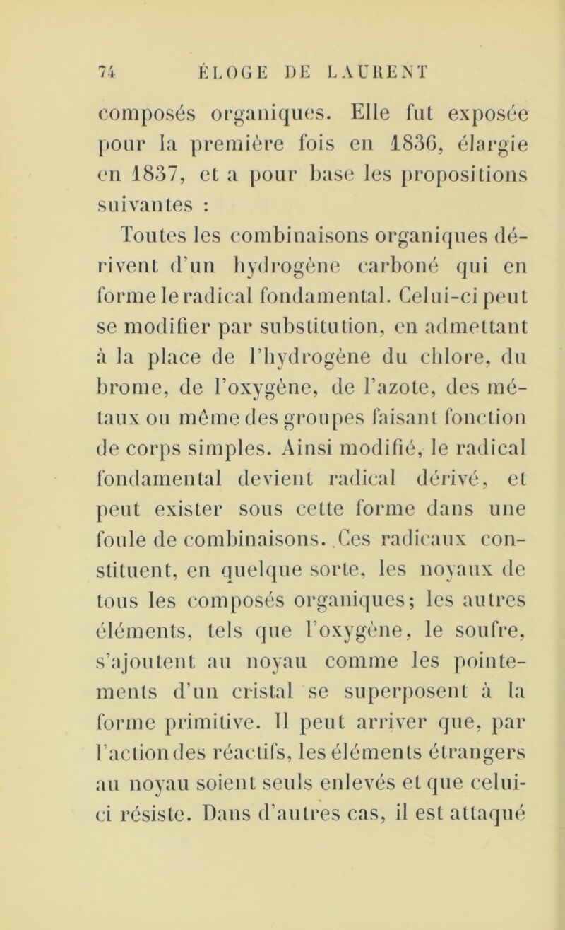 composés organiques. Elle fut exposée pour la première fois en 1836, élargie en 1837, et a pour base les propositions suivantes : Toutes les combinaisons organiques dé- rivent d’un hydrogène carboné qui en forme le radical fondamental. Celui-ci peut se modifier par substitution, en admettant à la place de l’hydrogène du chlore, du brome, de l’oxygène, de l’azote, des mé- taux ou meme des groupes faisant fonction de corps simples. Ainsi modifié, le radical fondamental devient radical dérivé, et peut exister sous cette forme dans une foule de combinaisons. Ces radicaux con- stituent, en quelque sorte, les noyaux de tous les composés organiques; les autres éléments, tels que l’oxygène, le soufre, s’ajoutent au noyau comme les pointe- ments d’un cristal se superposent à la forme primitive. Il peut arriver que, par l’acliondes réactifs, les éléments étrangers au noyau soient seuls enlevés et que celui- ci résiste. Dans d’autres cas, il est attaqué