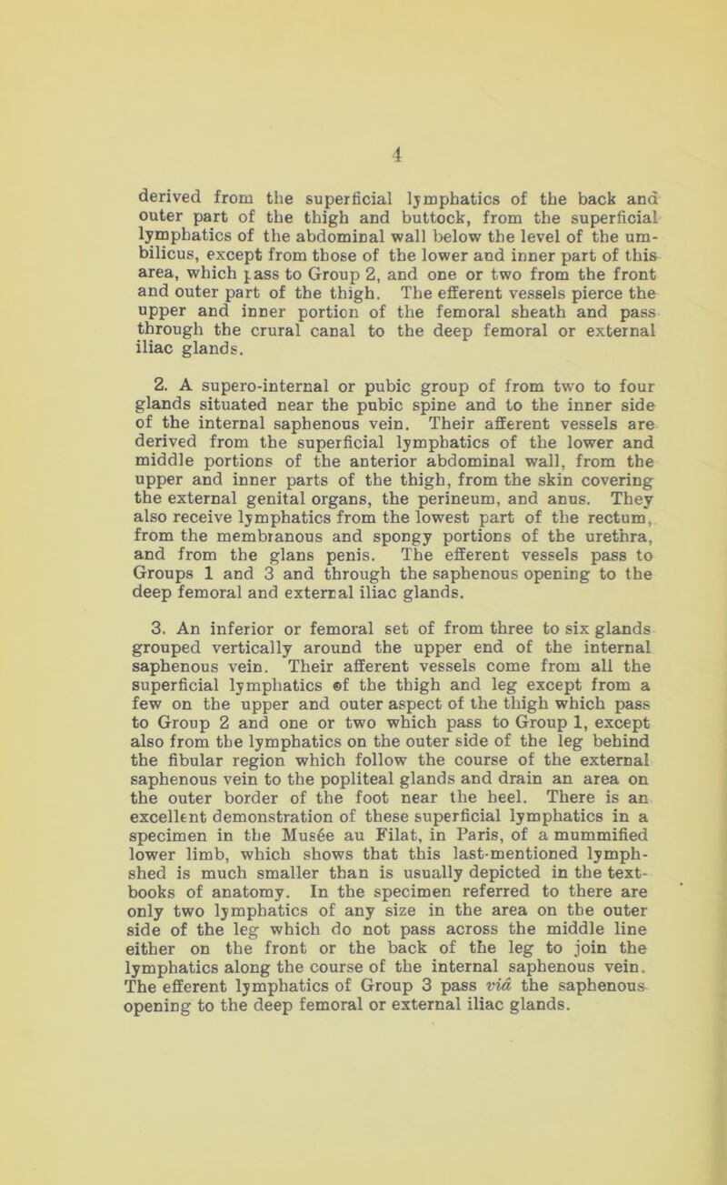 derived from the superficial Ijmphatics of the back and outer part of the thigh and buttock, from the superficial lymphatics of the abdominal wall below the level of the um- bilicus, except from those of the lower and inner part of this area, which j^ass to Group 2, and one or two from the front and outer part of the thigh. The efferent vessels pierce the upper and inner portion of the femoral sheath and pass through the crural canal to the deep femoral or external iliac glands. 2. A supero-internal or pubic group of from two to four glands situated near the pubic spine and to the inner side of the internal saphenous vein. Their afferent vessels are derived from the superficial lymphatics of the lower and middle portions of the anterior abdominal wall, from the upper and inner parts of the thigh, from the skin covering the external genital organs, the perineum, and anus. They also receive lymphatics from the lowest part of the rectum, from the membranous and spongy portions of the urethra, and from the glans penis. The efferent vessels pass to Groups 1 and 3 and through the saphenous opening to the deep femoral and external iliac glands. 3. An inferior or femoral set of from three to six glands grouped vertically around the upper end of the internal saphenous vein. Their afferent vessels come from all the superficial lymphatics ®f the thigh and leg except from a few on the upper and outer aspect of the thigh which pass to Group 2 and one or two which pass to Group 1, except also from the lymphatics on the outer side of the leg behind the fibular region which follow the course of the external saphenous vein to the popliteal glands and drain an area on the outer border of the foot near the heel. There is an excellent demonstration of these superficial lymphatics in a specimen in the Mus6e au Filat, in Paris, of a mummified lower limb, which shows that this last-mentioned lymph- shed is much smaller than is usually depicted in the text- books of anatomy. In the specimen referred to there are only two lymphatics of any size in the area on the outer side of the leg which do not pass across the middle line either on the front or the back of the leg to join the lymphatics along the course of the internal saphenous vein. The efferent lymphatics of Group 3 pass via the saphenous opening to the deep femoral or external iliac glands.