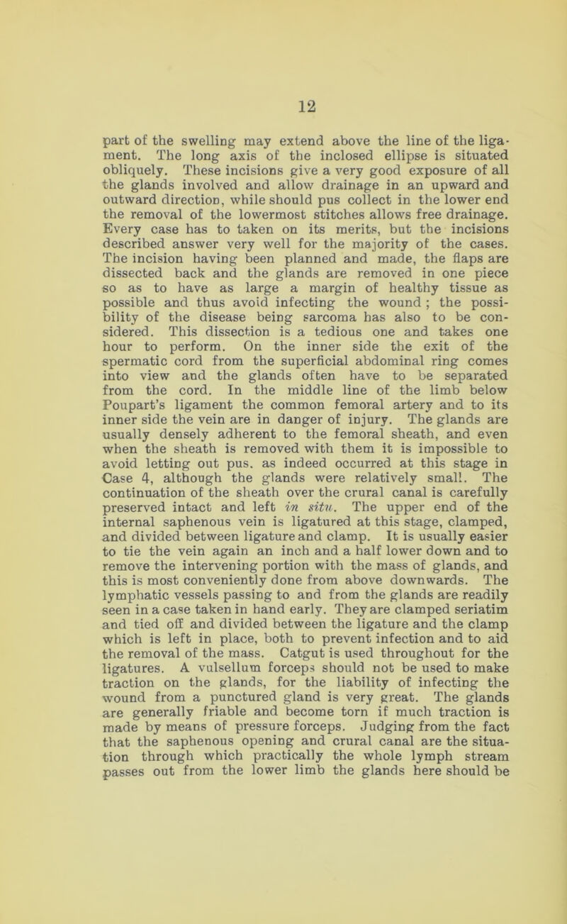 part of the swelling may extend above the line of the liga- ment, The long axis of the inclosed ellipse is situated obliquely. These incisions give a very good exposure of all the glands involved and allow drainage in an upward and outward direction, while should pus collect in the lower end the removal of the lowermost stitches allows free drainage. Every case has to taken on its merits, but the incisions described answer very well for the majority of the cases. The incision having been planned and made, the flaps are dissected back and the glands are removed in one piece so as to have as large a margin of healthy tissue as possible and thus avoid infecting the wound ; the possi- bility of the disease being sarcoma has also to be con- sidered. This dissection is a tedious one and takes one hour to perform. On the inner side the exit of the spermatic cord from the superficial abdominal ring comes into view and the glands often have to be separated from the cord. In the middle line of the limb below Poupart’s ligament the common femoral artery and to its inner side the vein are in danger of injury. The glands are usually densely adherent to the femoral sheath, and even when the sheath is removed with them it is impossible to avoid letting out pus. as indeed occurred at this stage in Case 4, although the glands were relatively small. The continuation of the sheath over the crural canal is carefully preserved intact and left in situ. The upper end of the internal saphenous vein is ligatured at this stage, clamped, and divided between ligature and clamp. It is usually easier to tie the vein again an inch and a half lower down and to remove the intervening portion with the mass of glands, and this is most conveniently done from above downwards. The lymphatic vessels passing to and from the glands are readily seen in a case taken in hand early. They are clamped seriatim and tied off and divided between the ligature and the clamp which is left in place, both to prevent infection and to aid the removal of the mass. Catgut is used throughout for the ligatures. A vulsellum forceps should not be used to make traction on the glands, for the liability of infecting the wound from a punctured gland is very great. The glands are generally friable and become torn if much traction is made by means of pressure forceps. Judging from the fact that the saphenous opening and crural canal are the situa- tion through which practically the whole lymph stream passes out from the lower limb the glands here should be