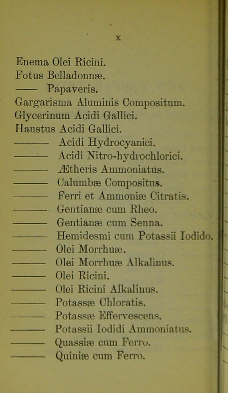Enema Olei Ricini. Fotus Belladonna. Papaveris. Gargarisma Aluminis Compositum. Glycerinum Acidi Galilei. Haustus Acidi Gallici. Acidi Hydrocyauici. ^— Acidi Nitro-hydiochlorici. jEtheris Ammoniatus. Calumbse Compositns. Ferri et Ammonise Citratis. Gentianm cum Rheo. Gentianm cum Senna. Hemidesmi cum Potassii lodido. Olei Morrhufe. Olei Mon-liufe Alkalinus. Olei Ricini. Olei Ricini AlkaHuus. Potassfe Cliloratis. Potassa? Effen'escens. Potassii lodidi Ammoniatus. Quassife cum Foito. Quinim cum Ferro.