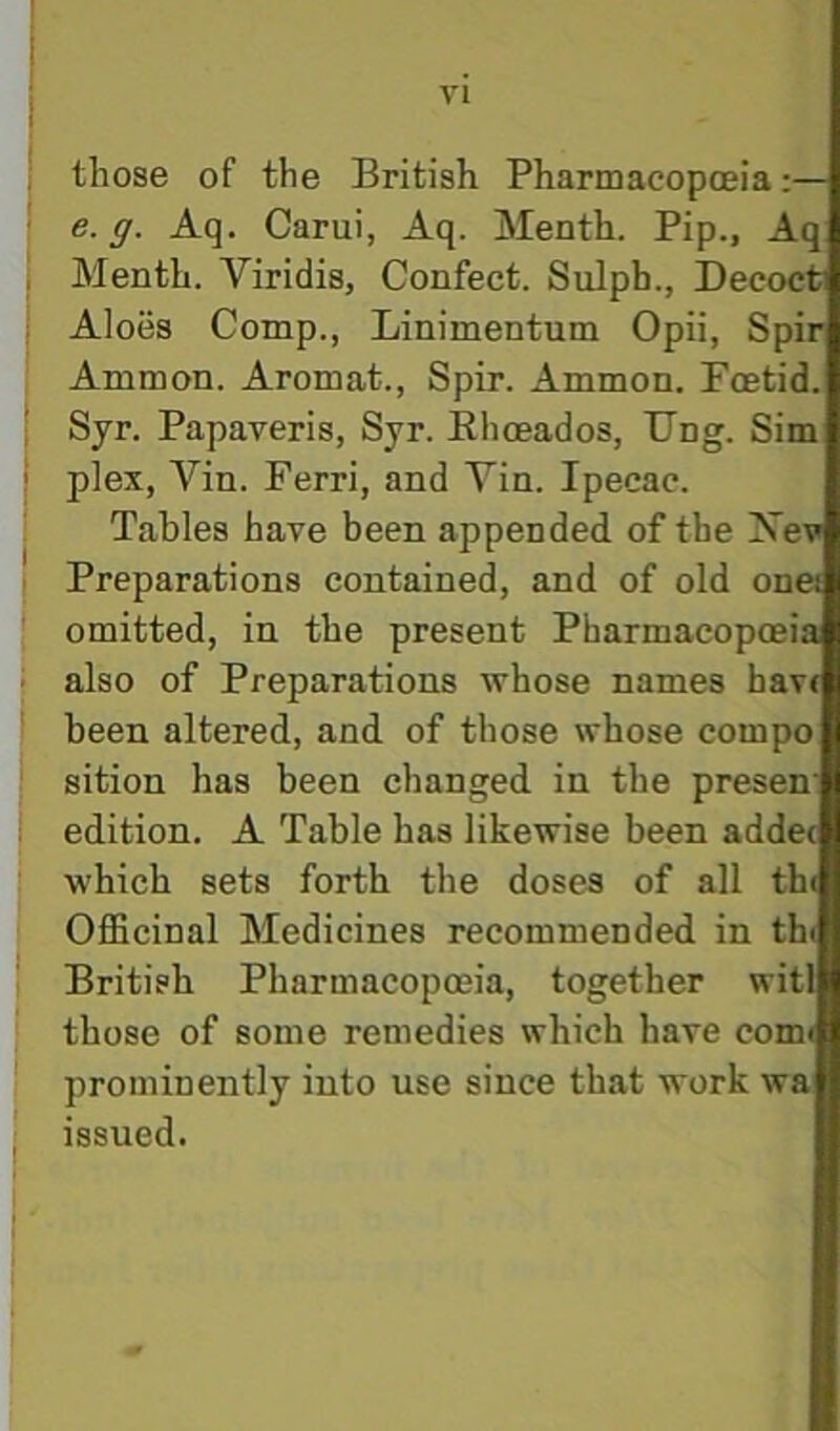those of the British Pharmacopoeia:— e. g. Aq. Carui, Aq. Menth. Pip., Aq Menth. Viridis, Confect. Sulph., Decoct Aloes Comp., Linimentum Opii, Spir Ammon. Aromat., Spir. Ammon. Foetid. Syr. Papaveris, Syr. Ehoeados, Dng. Sim plex, Vin. Ferri, and Yin. Ipecac. Tables have been appended, of the Xev Preparations contained, and of old ones omitted, in the present Pharmacopoeia also of Preparations whose names hav( been altered, and of those whose compo sition has been changed in the presen' edition. A Table has likewise been addec which sets forth the doses of all th( Officinal Medicines recommended in th( British Pharmacopouia, together witl those of some remedies which have comi prominently into use since that work wa issued.