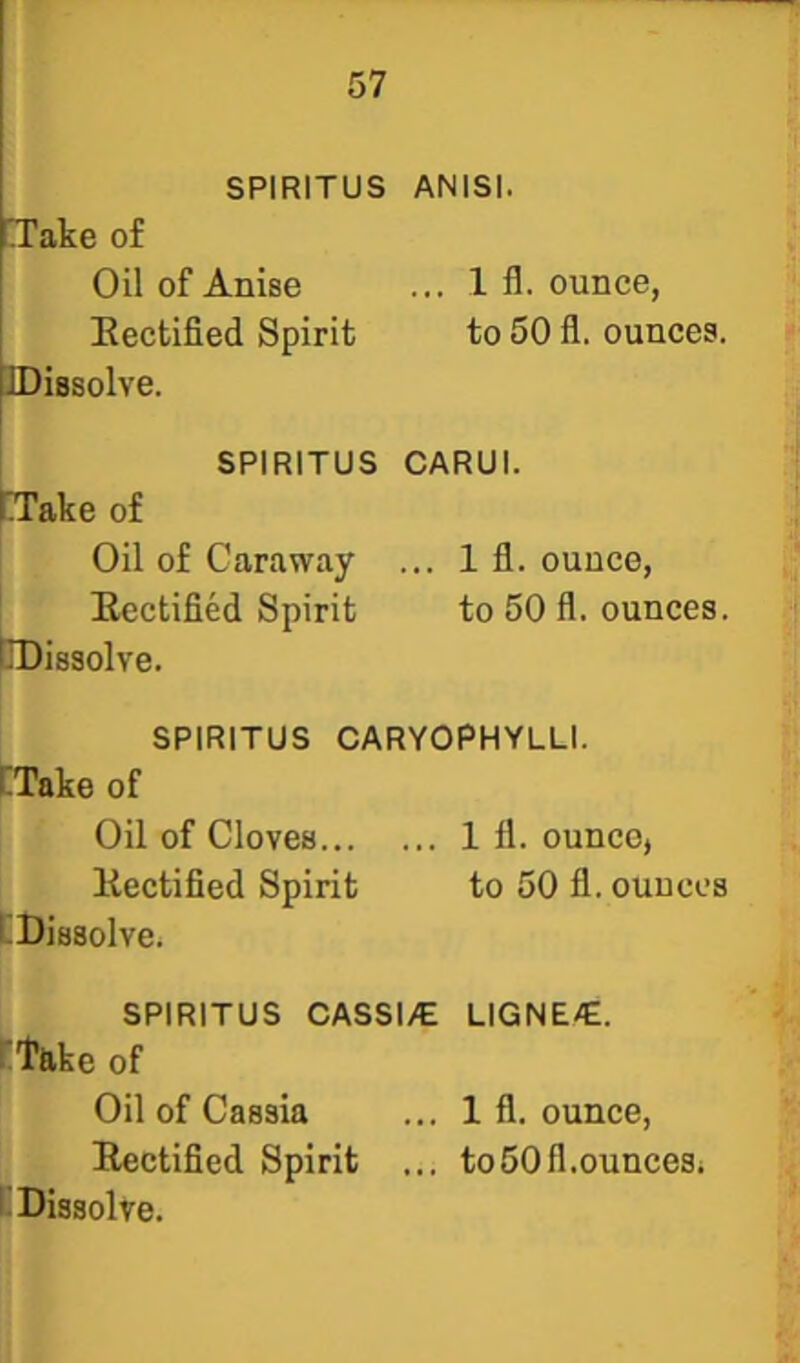 SPIRITUS ANISI. [Take of Oil of Anise ... 1 fl. ounce, Eectified Spirit to 50 fl. ounces, ©iasolve. SPIRITUS CARUI. fTake of Oil of Caraway ... 1 fl. ounce, Eectified Spirit to 50 fl. ounces. CDissolve. SPIRITUS CARYOPHYLLI. [Take of Oil of Cloves 1 fl. ounce, Eectified Spirit to 50 fl. ounces CDissolve. SPIRITUS CASSl/E LIGNE/E. rT&ke of Oil of Cassia ... 1 fl. ounce, Eectified Spirit ... to5011.ounces; I. Dissolve.