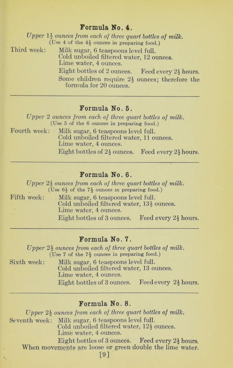 Upper 1 ^ ounces from each of three quart bottles of milk. (Use 4 of the 4^ ounces in preparing food.) Third week: Milk sugar, 6 teaspoons level full. Cold unboiled filtered water, 12 ounces. Lime water, 4 ounces. Eight bottles of 2 ounces. Feed every 2\ hours. Some children require 2J ounces; therefore the fonnula for 20 ounces. Formula No. 6. Upper 2 ounces from ecbch of three quart bottles of milk. (Use 5 of the 6 ounces in preparing food.) Fourth week: Milk sugar, 6 teaspoons level full. Cold unboiled filtered water, 11 ounces. Lime water, 4 ounces. Eight bottles of 2J ounces. Feed every 2J hours. Formula No. 6. Upper 2\ ounces from each of three quart bottles of milk. (Use 6^ of the 7^ ounces m preparing food.) Fifth week: Milk sugar, 6 teaspoons level full. Cold unboiled filtered water, 13^ ounces. Lime water, 4 ounces. Eight bottles of 3 ounces. Feed every 2\ hours. Formula No. 7. Upper 2J ounces from each of three quart bottles of milk. (Use 7 of the 7^ ounces in preparing food.) Sixth week: Milk sugar, 6 teaspoons level full. Cold unboiled filtered water, 13 ounces. Lime water, 4 ounces. Eight bottles of 3 ounces. Feed every 2J hours. Formula No. 8. Upper 2J ounces from each of three quart bottles of milk. Seventh week: Milk sugar, 6 teaspoons level full. Cold unboiled filtered water, 12^ ounces. Lime water, 4 ounces. Eight bottles of 3 ounces. Feed every 2J hours. When movements are loose or green double the lime water. [9]